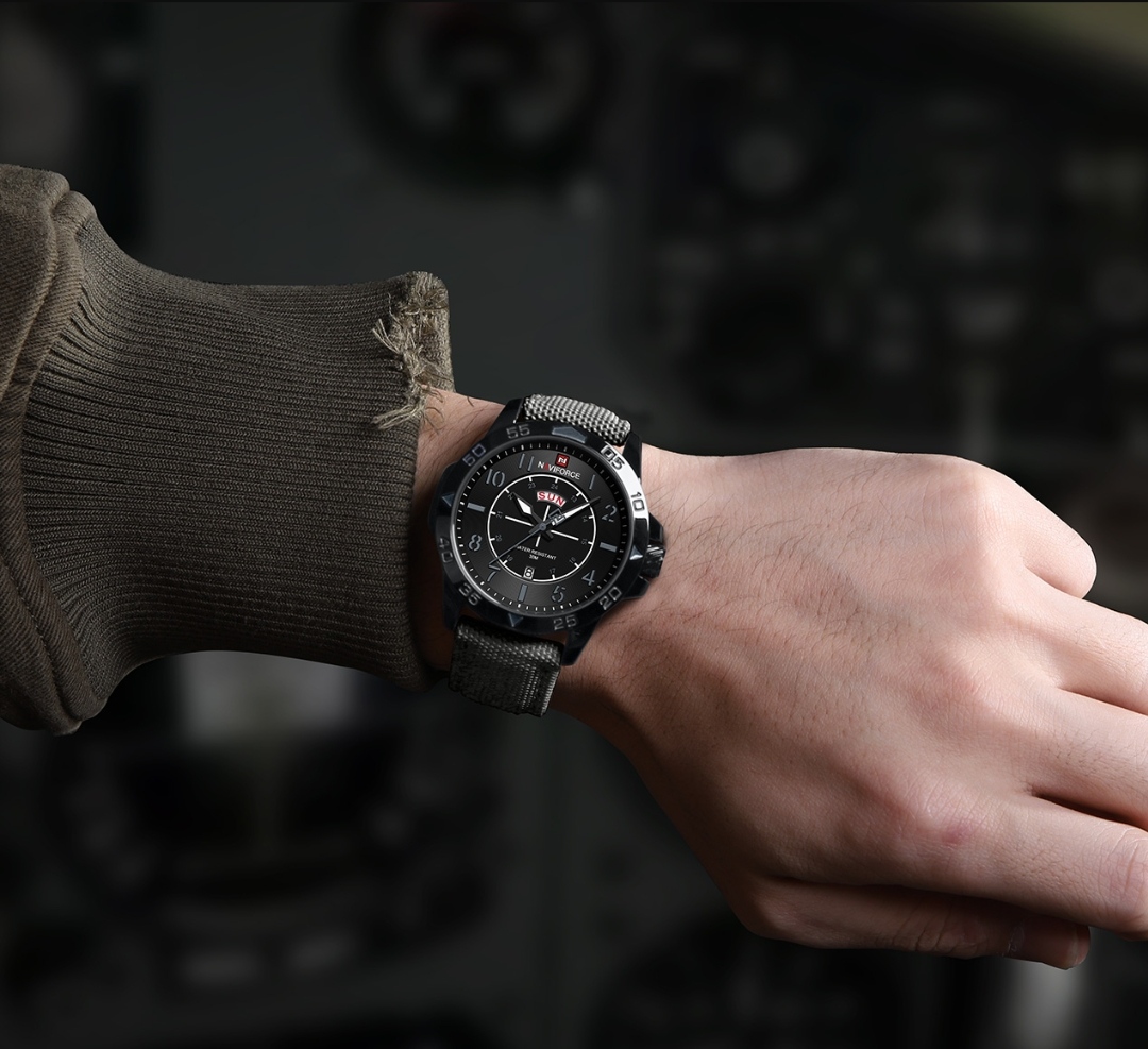 Naviforce 9204 Gents Belt Watch - Black Dial with Grey Markings- Black Bezel- Grey Nylon Belt- TF Code NF815BM_img_3