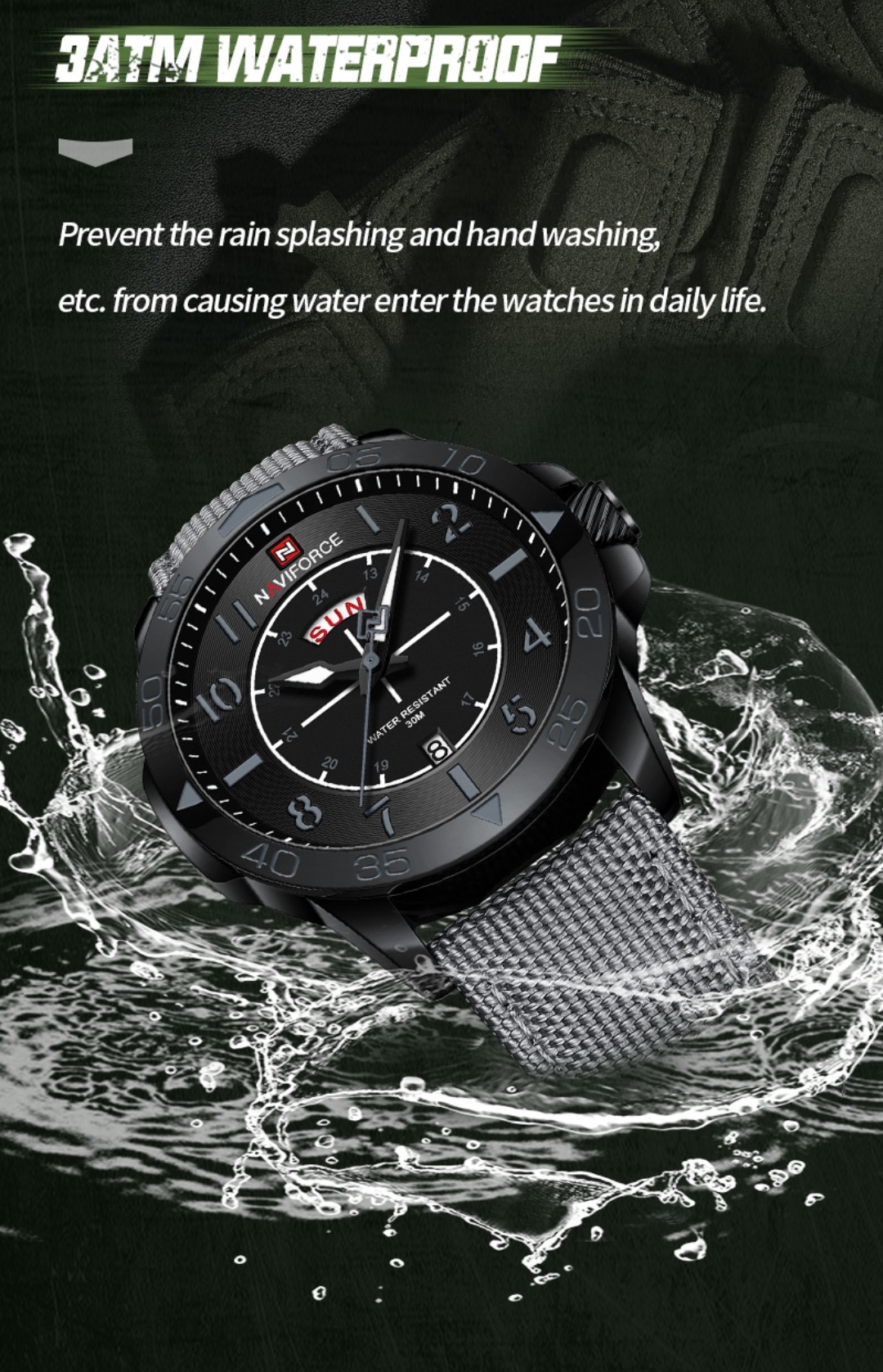 Naviforce 9204 Gents Belt Watch - Black Dial with Grey Markings- Black Bezel- Grey Nylon Belt- TF Code NF815BM_img_10