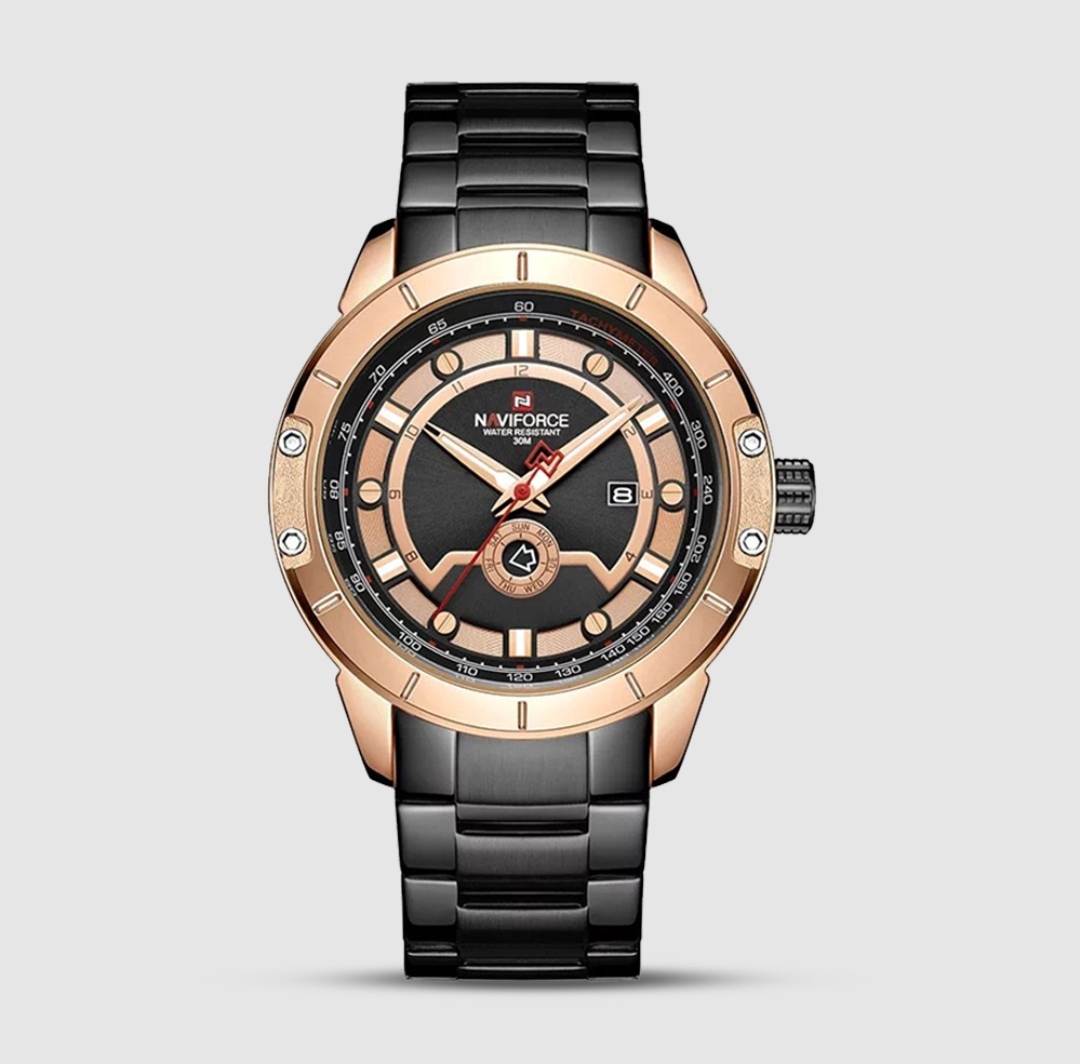 Naviforce 9166 Gents Chain Watch - Rose Golden+Black Dial- Rose Golden Bezel- Black Chain- TF Code NF790CM_img_0