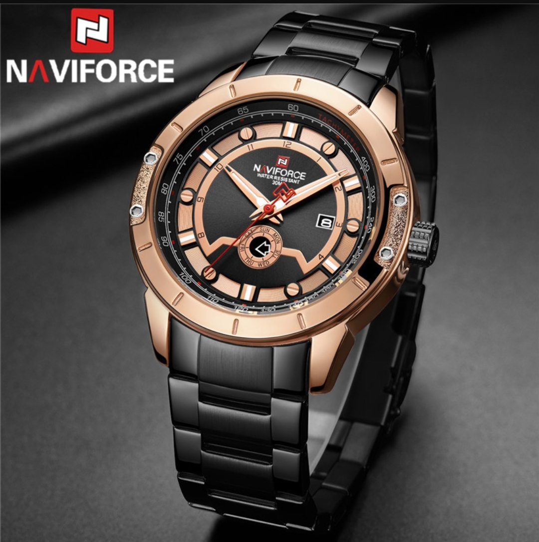 Naviforce 9166 Gents Chain Watch - Rose Golden+Black Dial- Rose Golden Bezel- Black Chain- TF Code NF790CM_img_1
