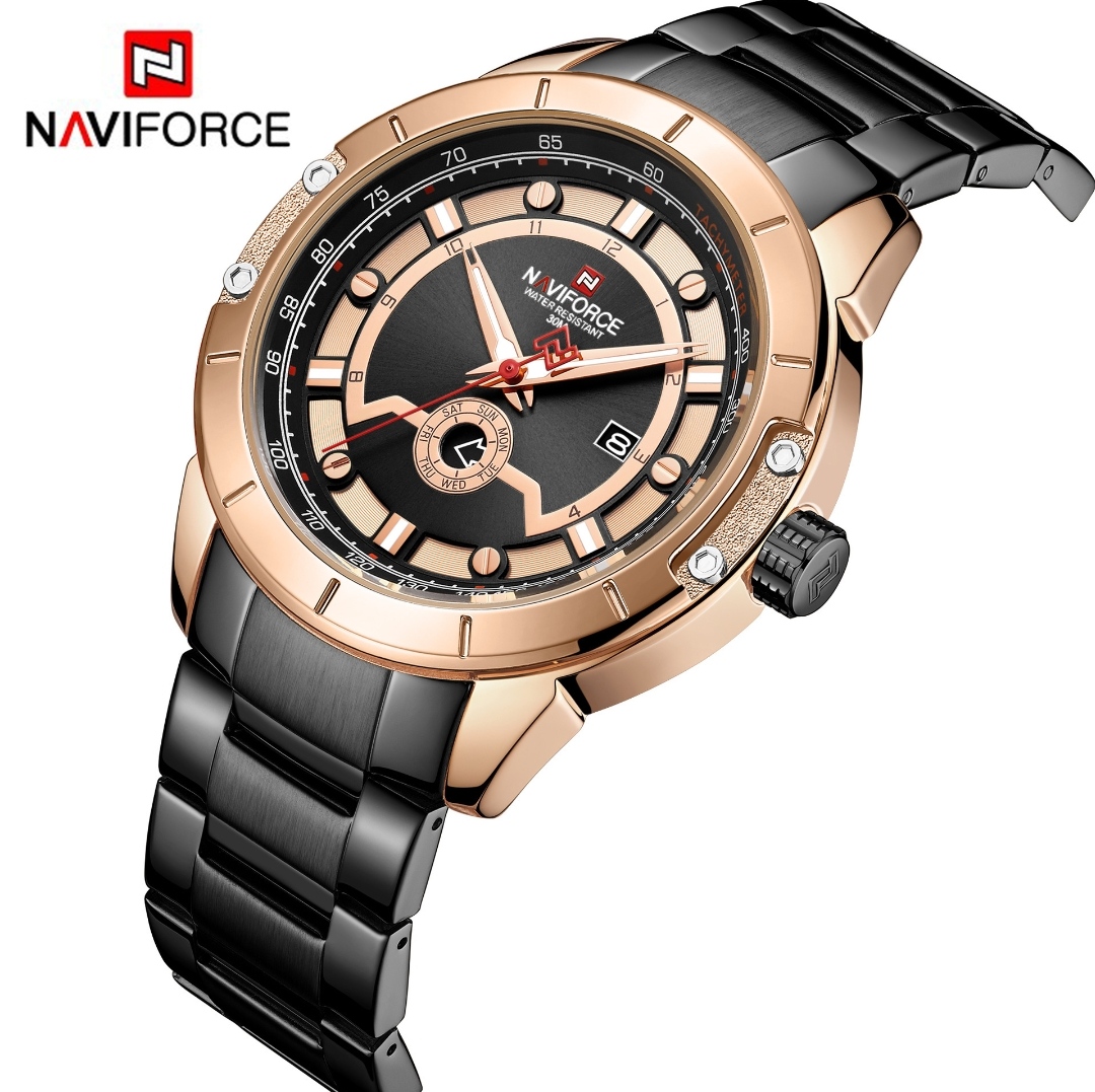 Naviforce 9166 Gents Chain Watch - Rose Golden+Black Dial- Rose Golden Bezel- Black Chain- TF Code NF790CM_img_2