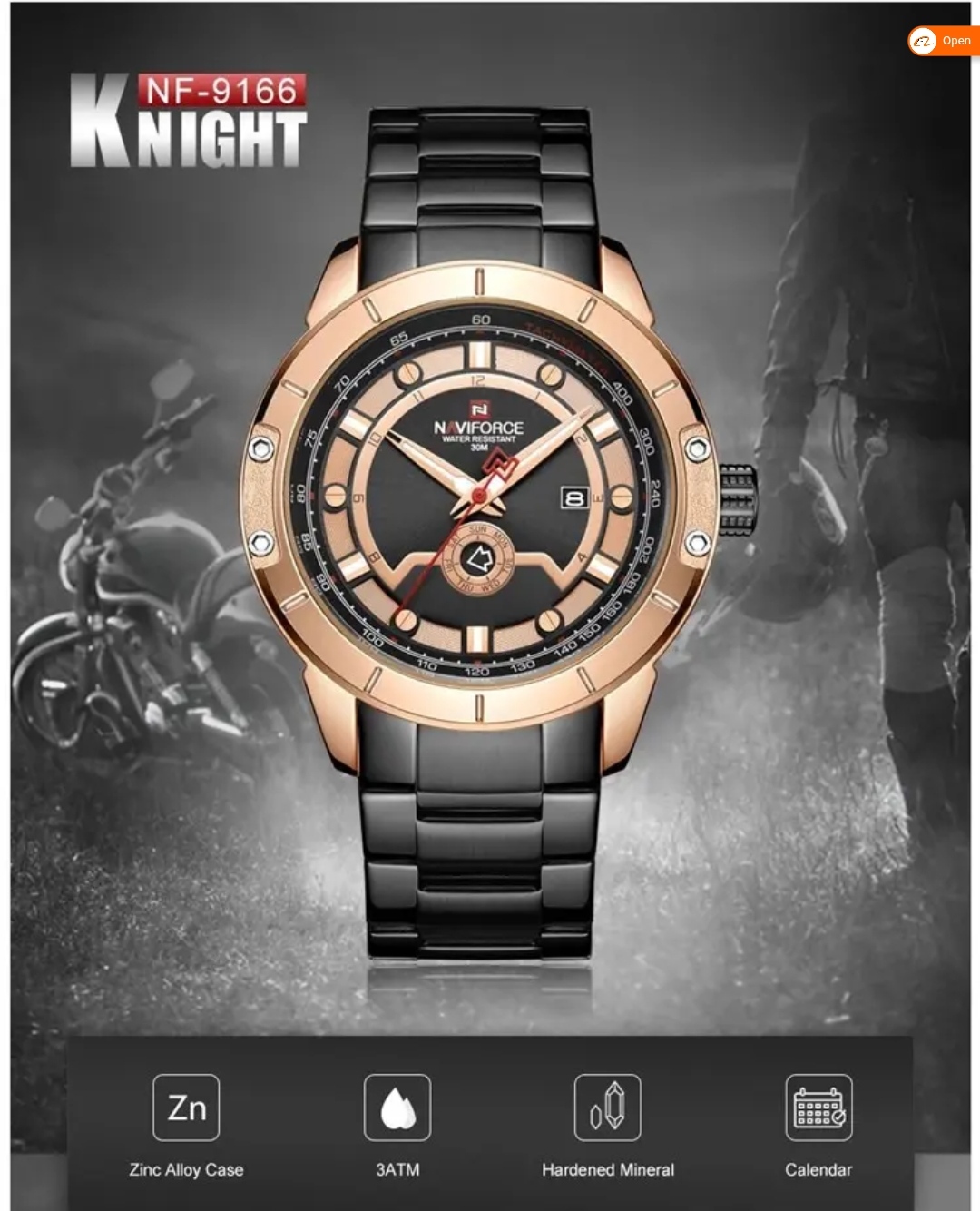 Naviforce 9166 Gents Chain Watch - Rose Golden+Black Dial- Rose Golden Bezel- Black Chain- TF Code NF790CM_img_3