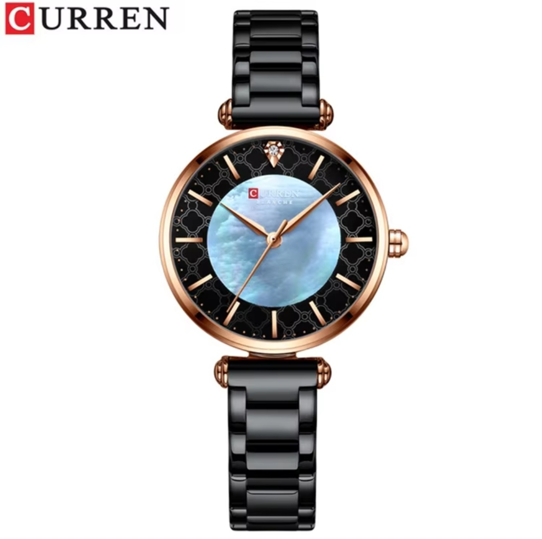 Curren 9072 Ladies Chain Watch- Shell Blue Dial- Rose Golden Bezel- Black Chain- TF Code CR350CF_img_0