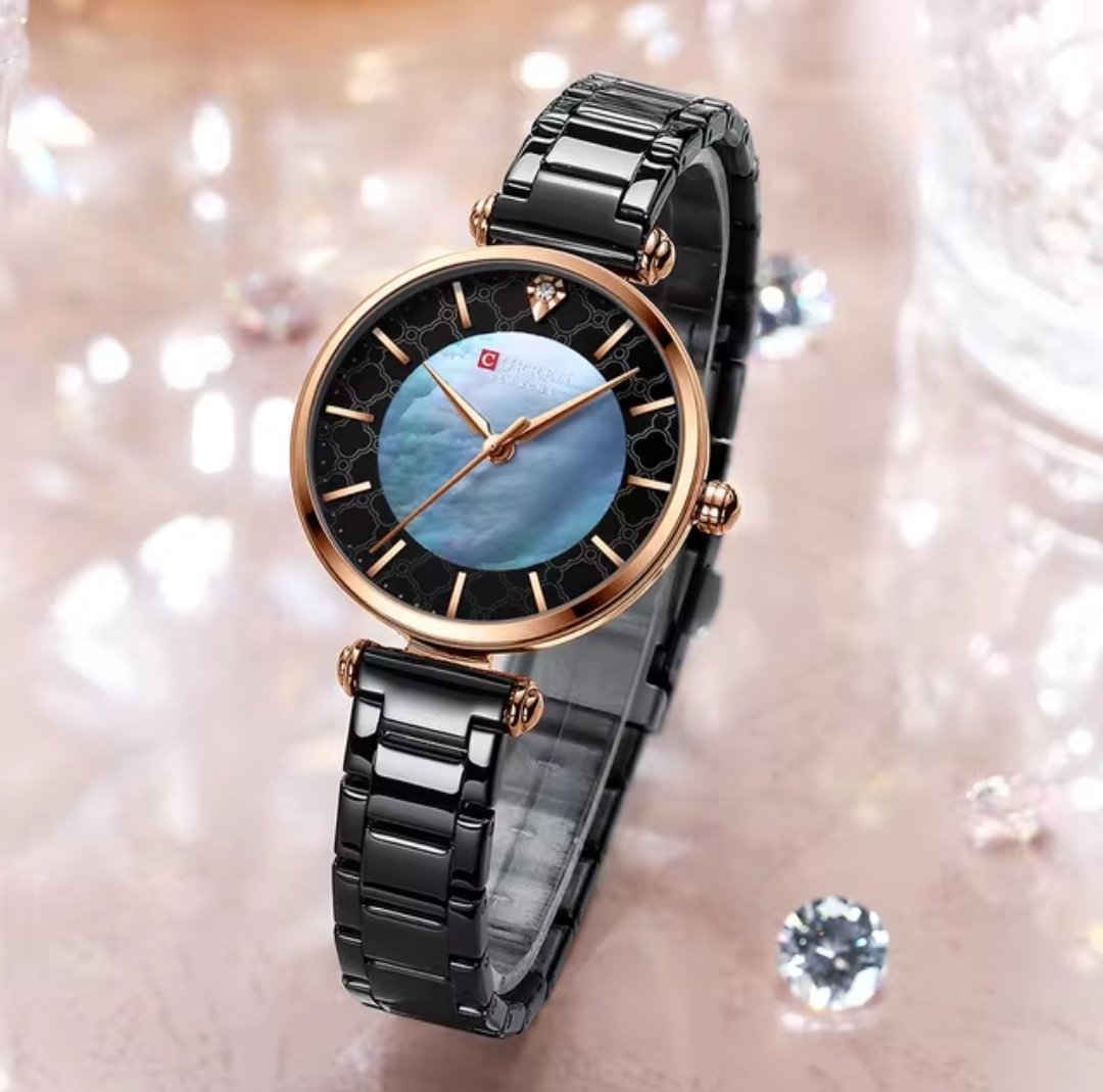 Curren 9072 Ladies Chain Watch- Shell Blue Dial- Rose Golden Bezel- Black Chain- TF Code CR350CF_img_1