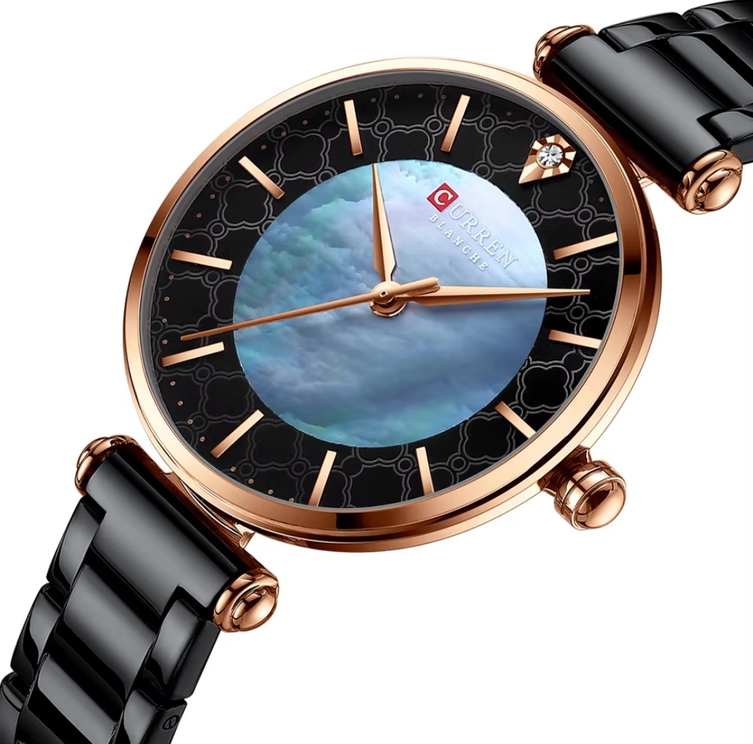 Curren 9072 Ladies Chain Watch- Shell Blue Dial- Rose Golden Bezel- Black Chain- TF Code CR350CF_img_2