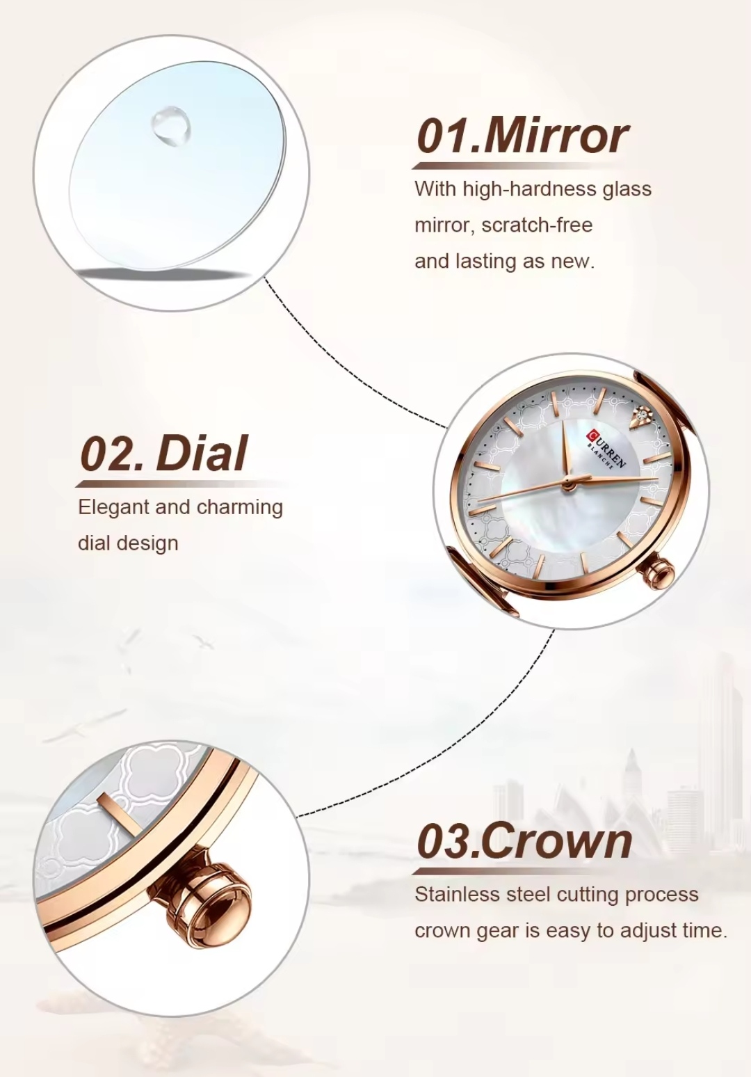 Curren 9072 Ladies Chain Watch- Shell White Dial- Rose Golden Bezel- Rose Golden Chain- TF Code CR306CF_img_6