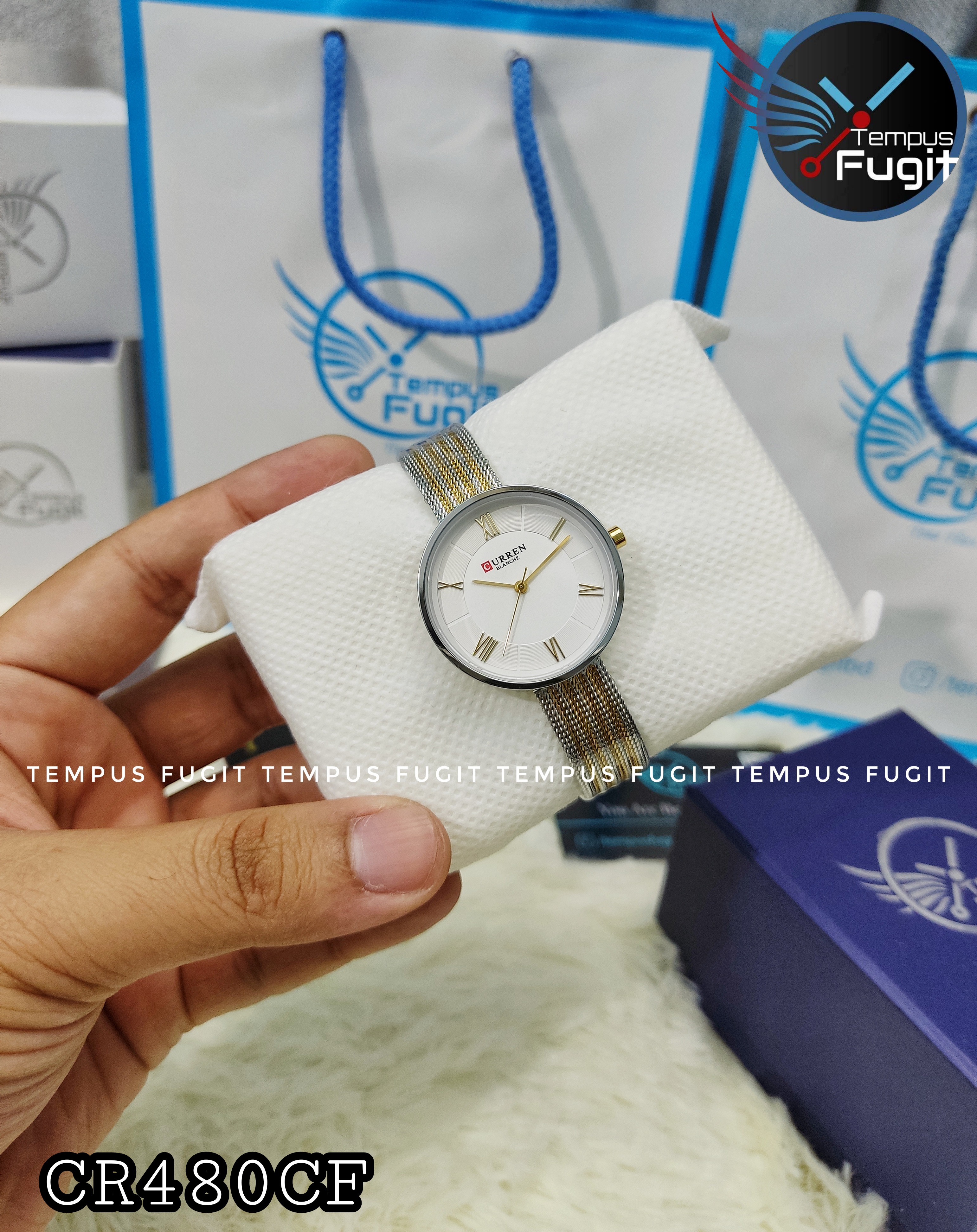 Curren 9020 Ladies Mesh Chain Watch- White Dial- Silver Bezel- Silver+Golden Chain- TF Code CR480CF_img_3