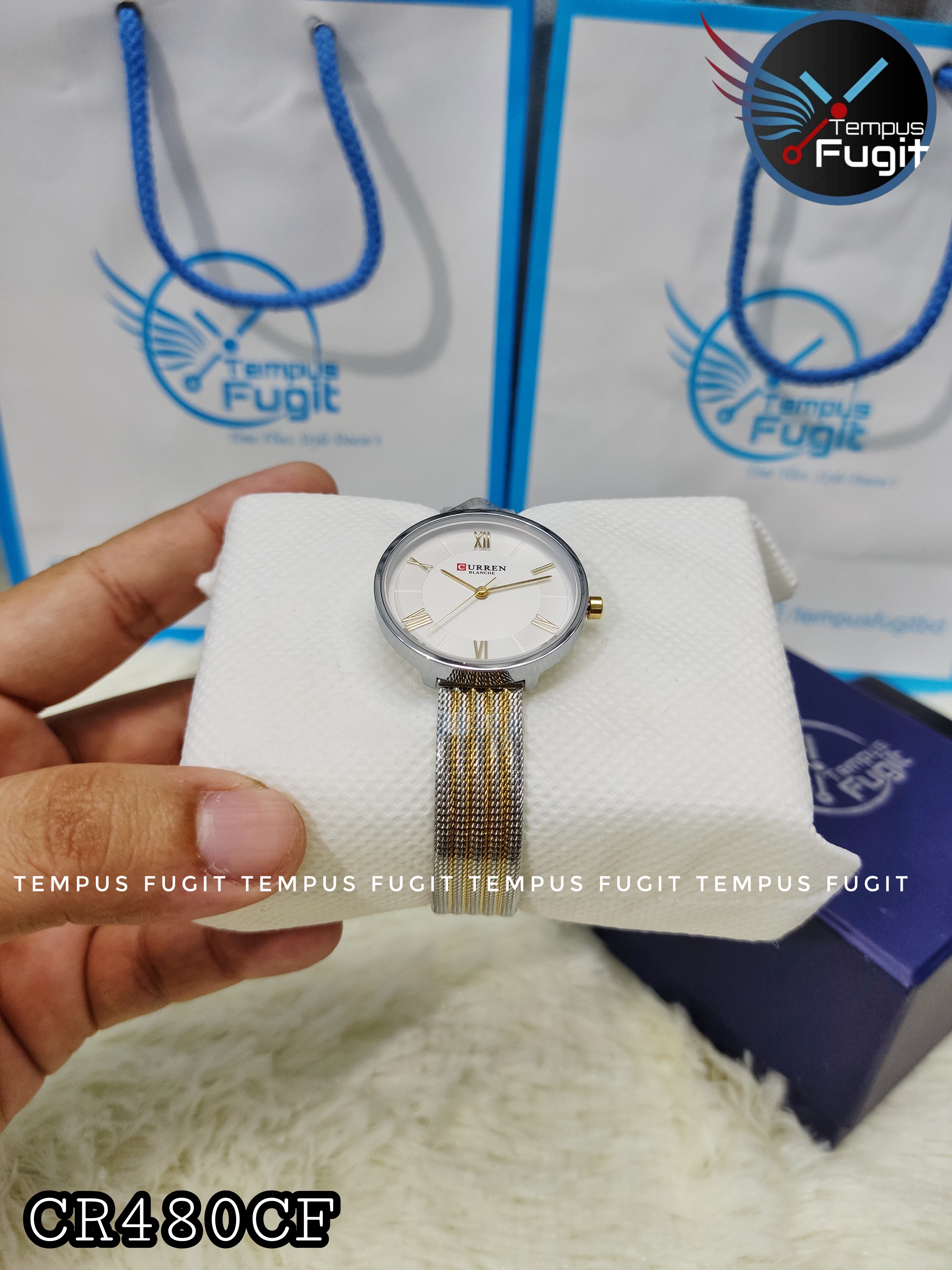 Curren 9020 Ladies Mesh Chain Watch- White Dial- Silver Bezel- Silver+Golden Chain- TF Code CR480CF_img_4