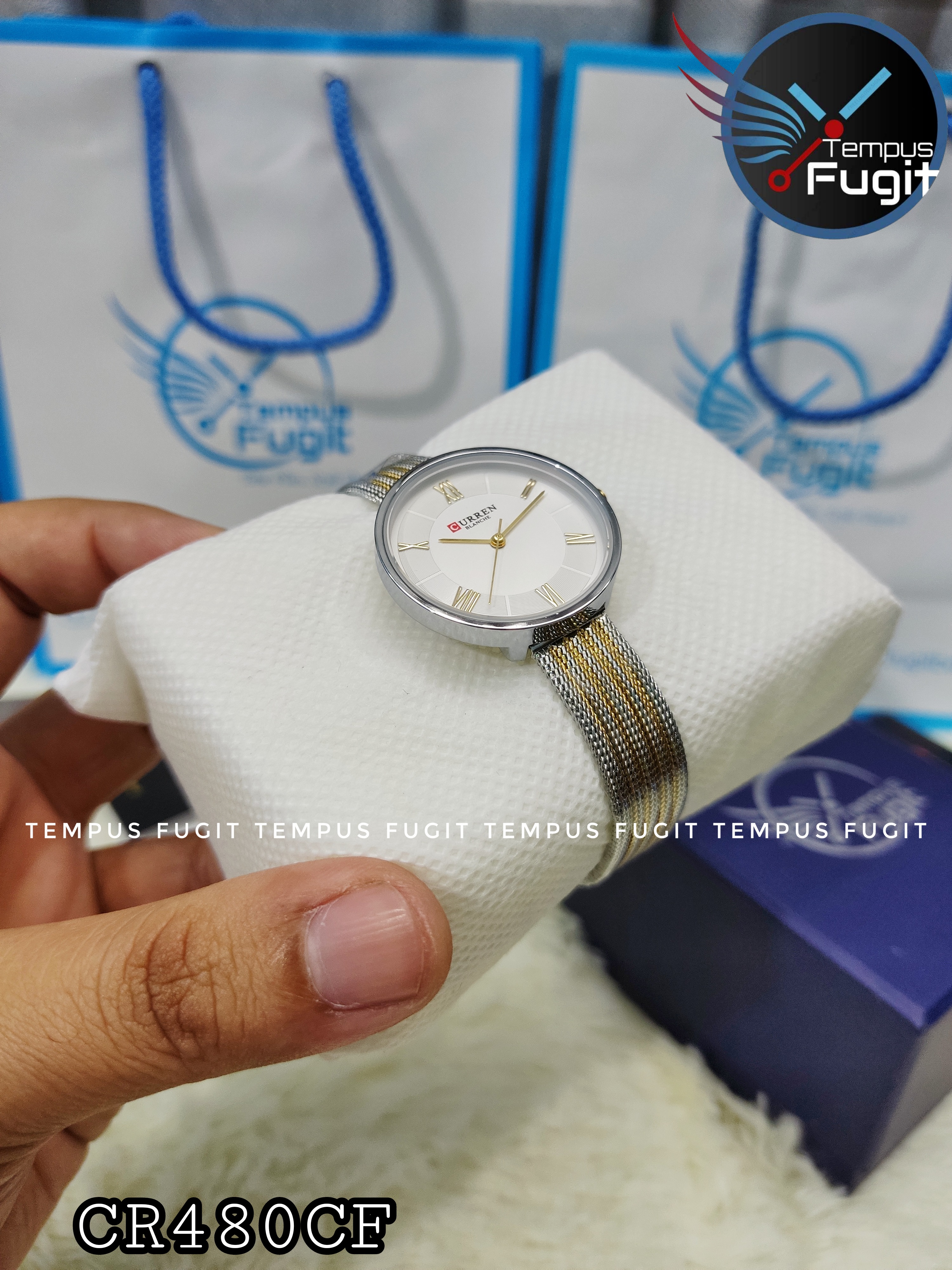 Curren 9020 Ladies Mesh Chain Watch- White Dial- Silver Bezel- Silver+Golden Chain- TF Code CR480CF_img_5