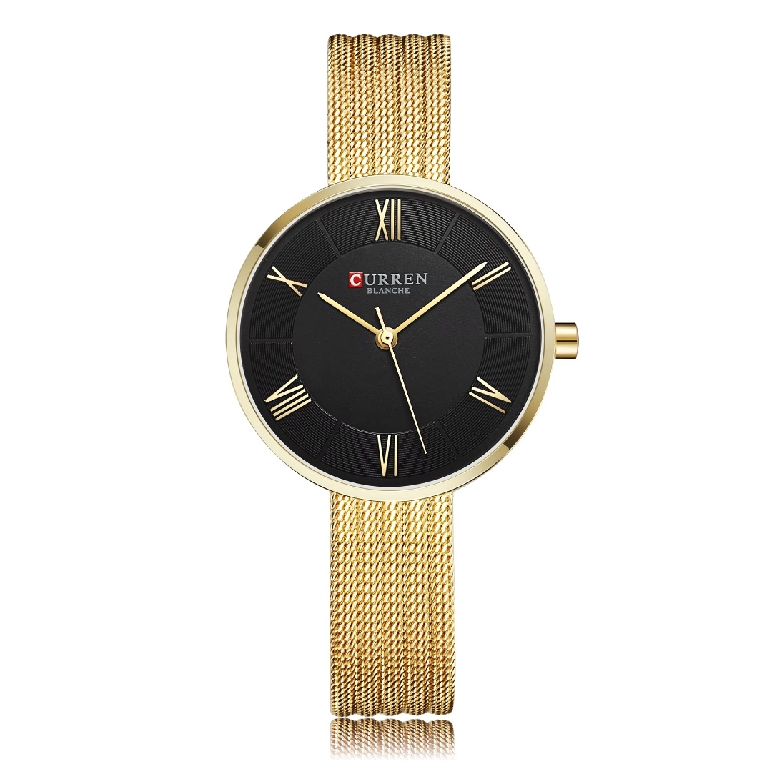 Curren 9020 Ladies Mesh Chain Watch- Black Dial- Golden Bezel- Golden Chain- TF Code CR479CF_img_0