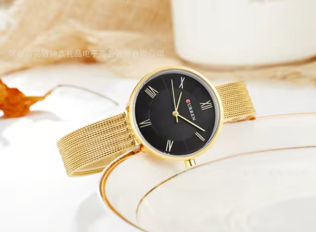 Curren 9020 Ladies Mesh Chain Watch- Black Dial- Golden Bezel- Golden Chain- TF Code CR479CF_img_2