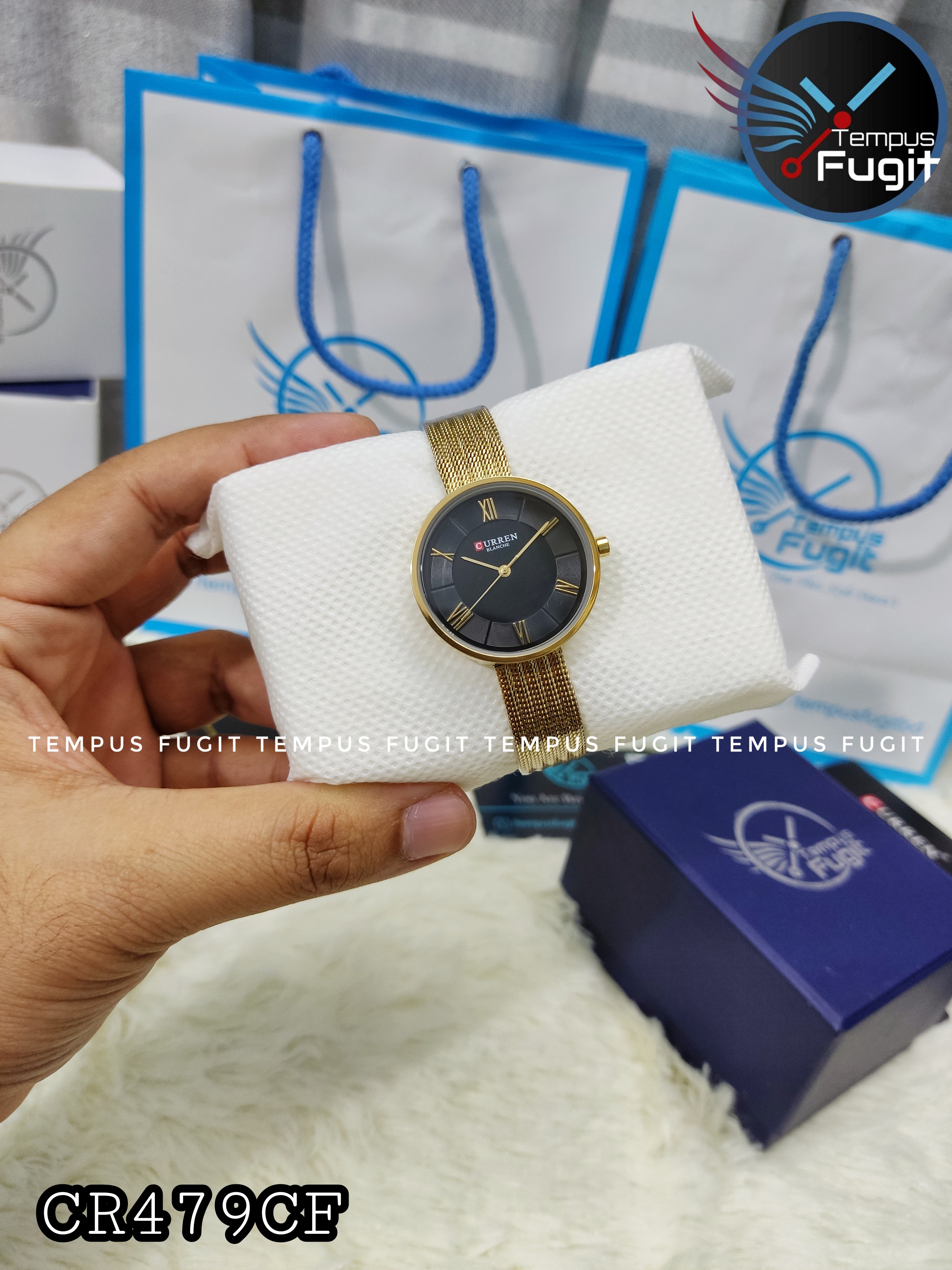 Curren 9020 Ladies Mesh Chain Watch- Black Dial- Golden Bezel- Golden Chain- TF Code CR479CF_img_3