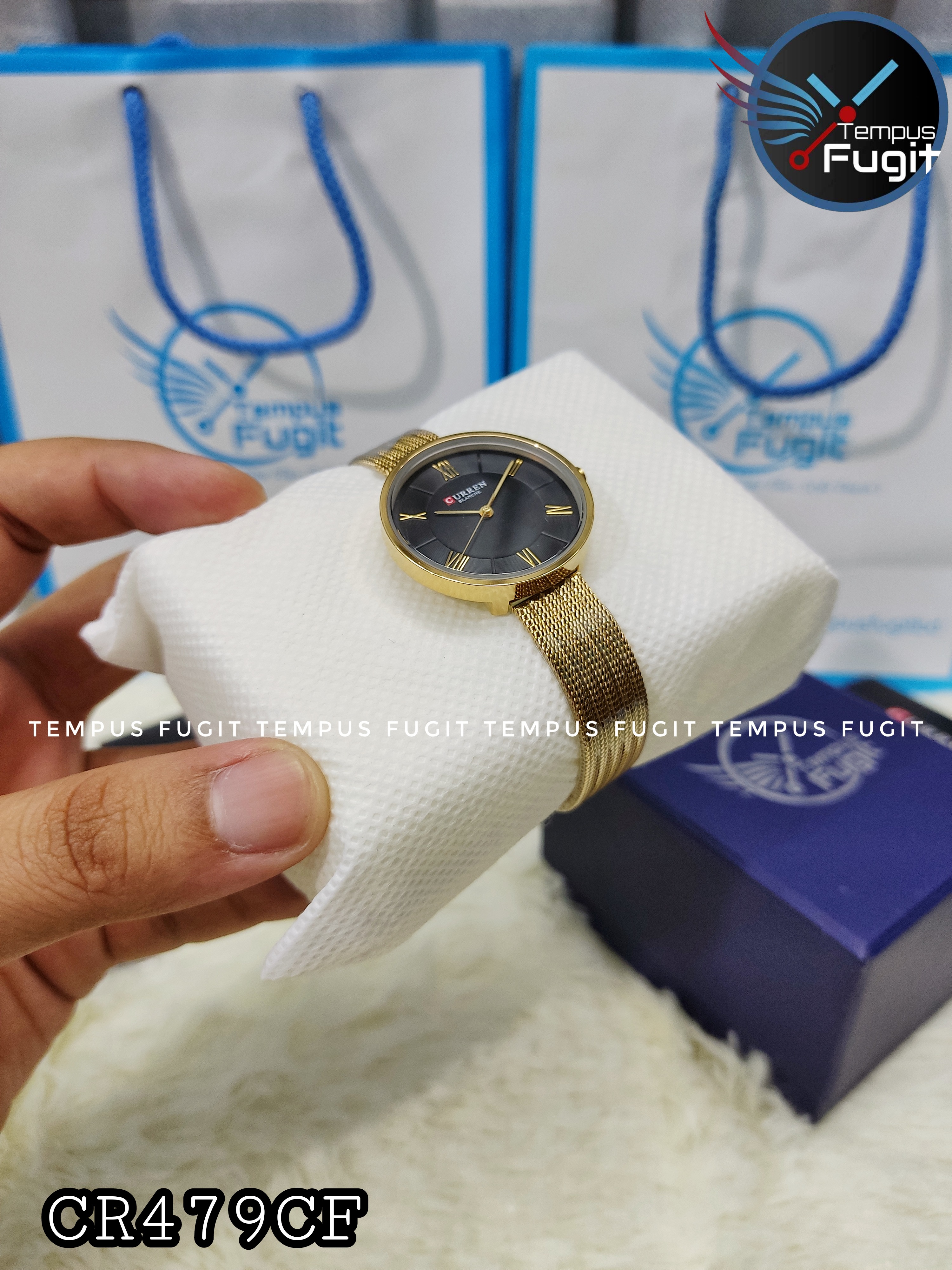 Curren 9020 Ladies Mesh Chain Watch- Black Dial- Golden Bezel- Golden Chain- TF Code CR479CF_img_5