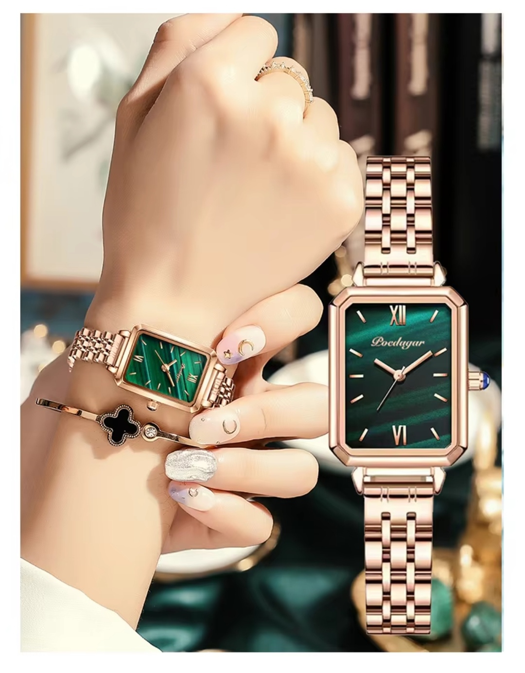 Poedagar 622 Ladies Chain Watch - Green Dial- Rose Golden Bezel- Rose Golden Chain- TF Code PD701CF_img_1