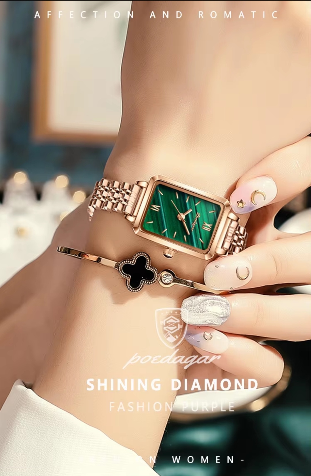 Poedagar 622 Ladies Chain Watch - Green Dial- Rose Golden Bezel- Rose Golden Chain- TF Code PD701CF_img_5