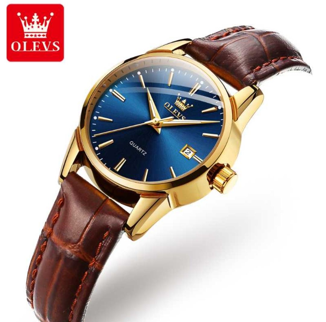 OLEVS 6898 Ladies Belt Watch- Blue Dial- Golden Bezel- Leather Color Belt- TF Code OL656BF_img_1
