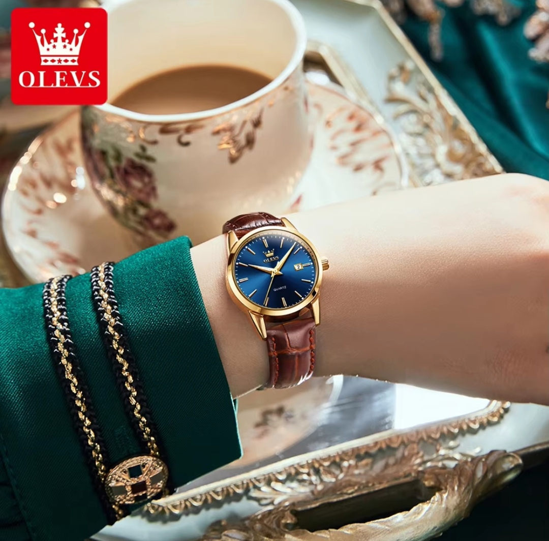OLEVS 6898 Ladies Belt Watch- Blue Dial- Golden Bezel- Leather Color Belt- TF Code OL656BF_img_2