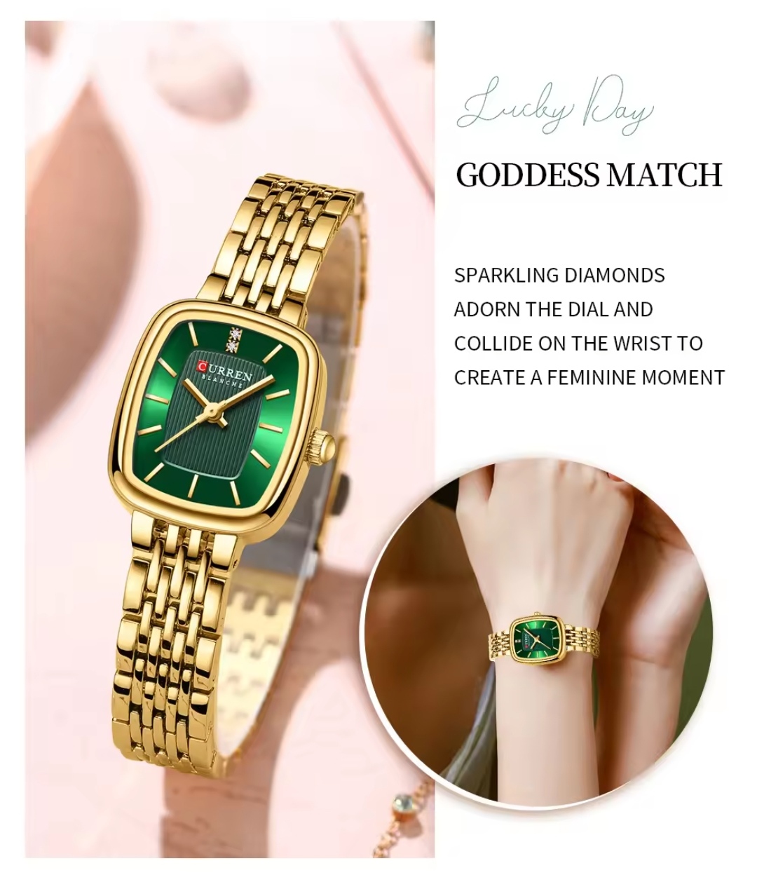 Curren 9093 Ladies Chain Watch- Green Dial- Golden Bezel- Golden Chain- TF Code CR891CF_img_2