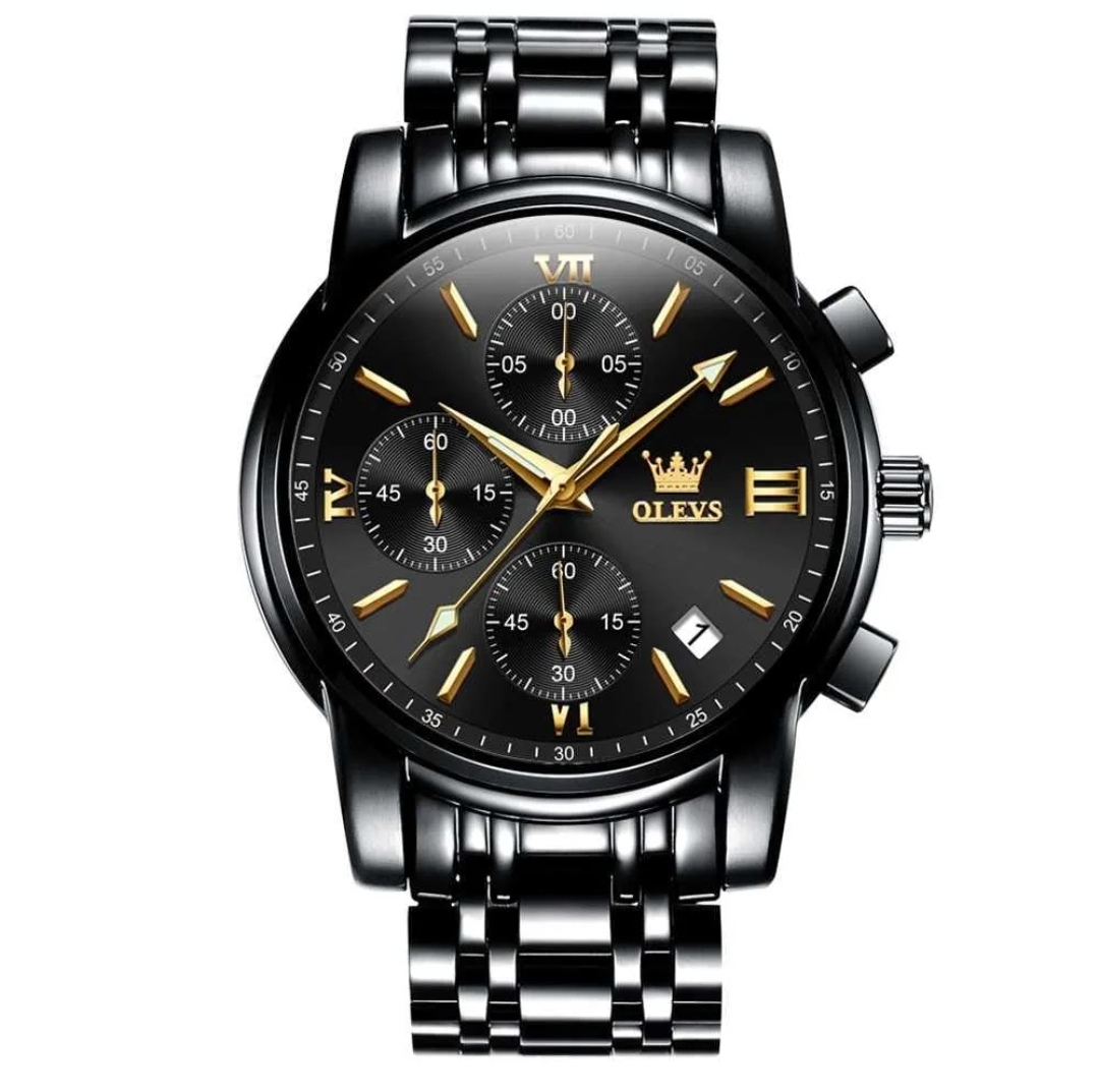 OLEVS 2872 Gents Chronograph Chain Watch- Black Dial with Golden Markings- Black Bezel- Black Chain- TF Code OL711CM_img_0
