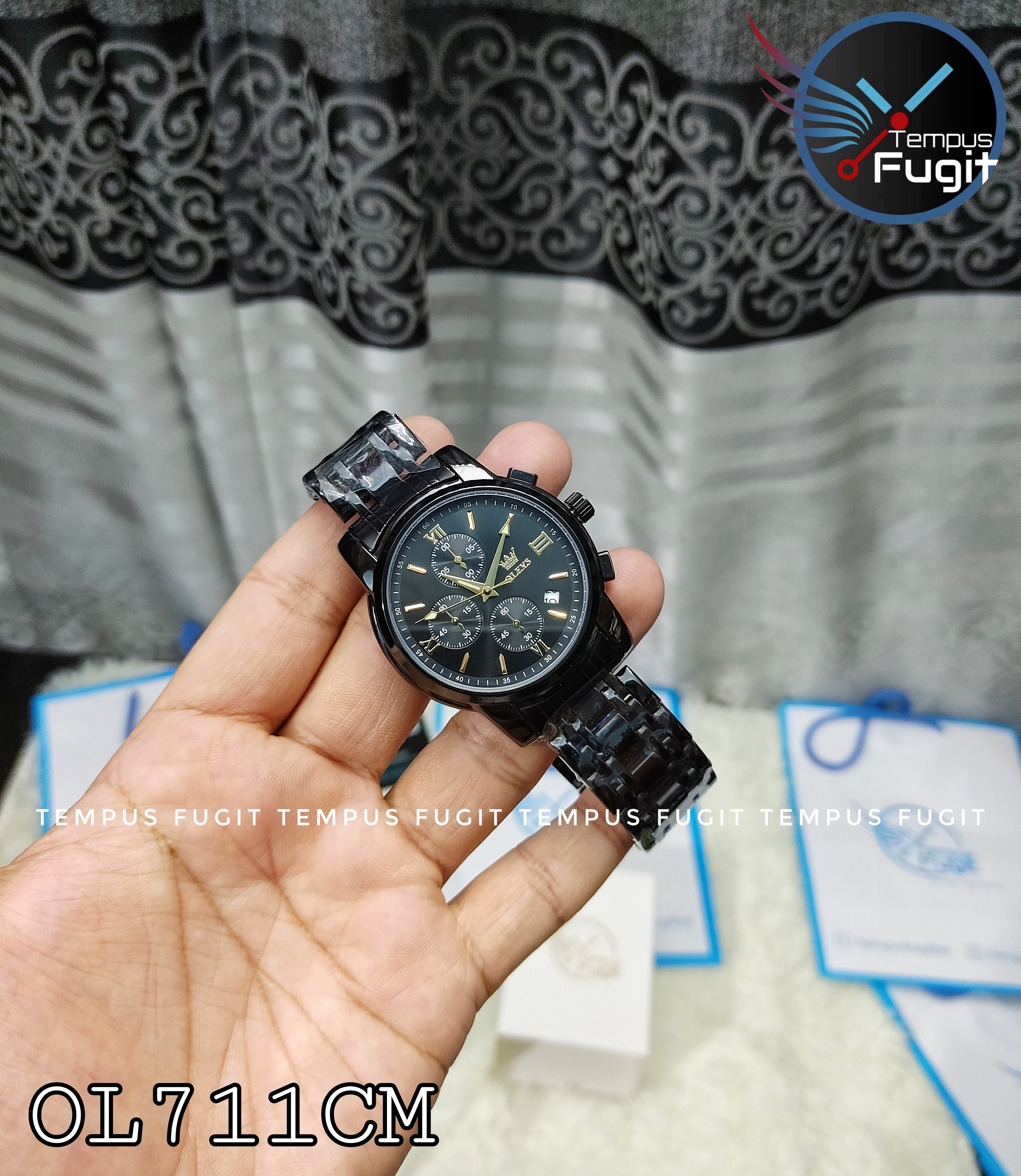 OLEVS 2872 Gents Chronograph Chain Watch- Black Dial with Golden Markings- Black Bezel- Black Chain- TF Code OL711CM_img_1