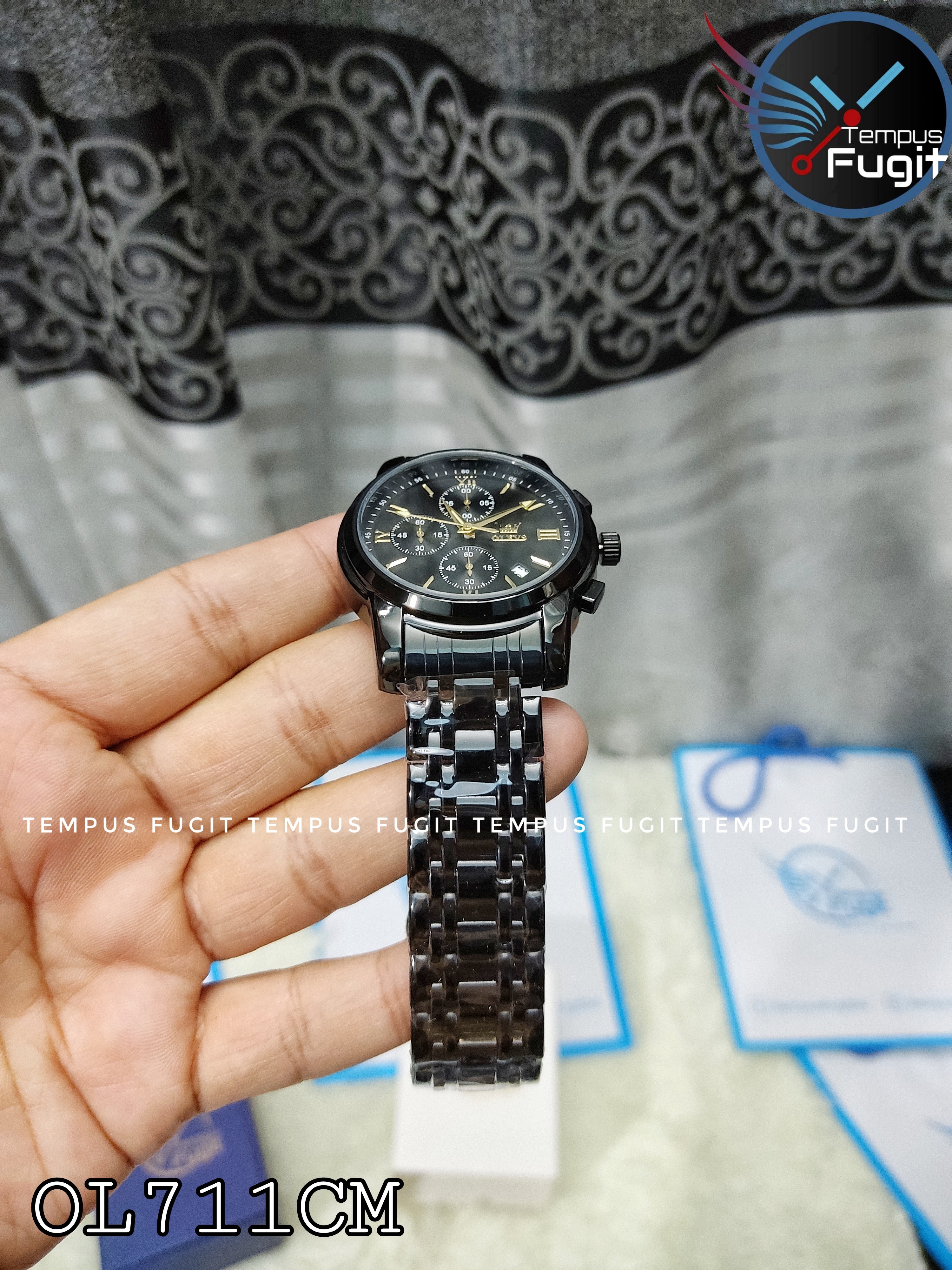 OLEVS 2872 Gents Chronograph Chain Watch- Black Dial with Golden Markings- Black Bezel- Black Chain- TF Code OL711CM_img_2