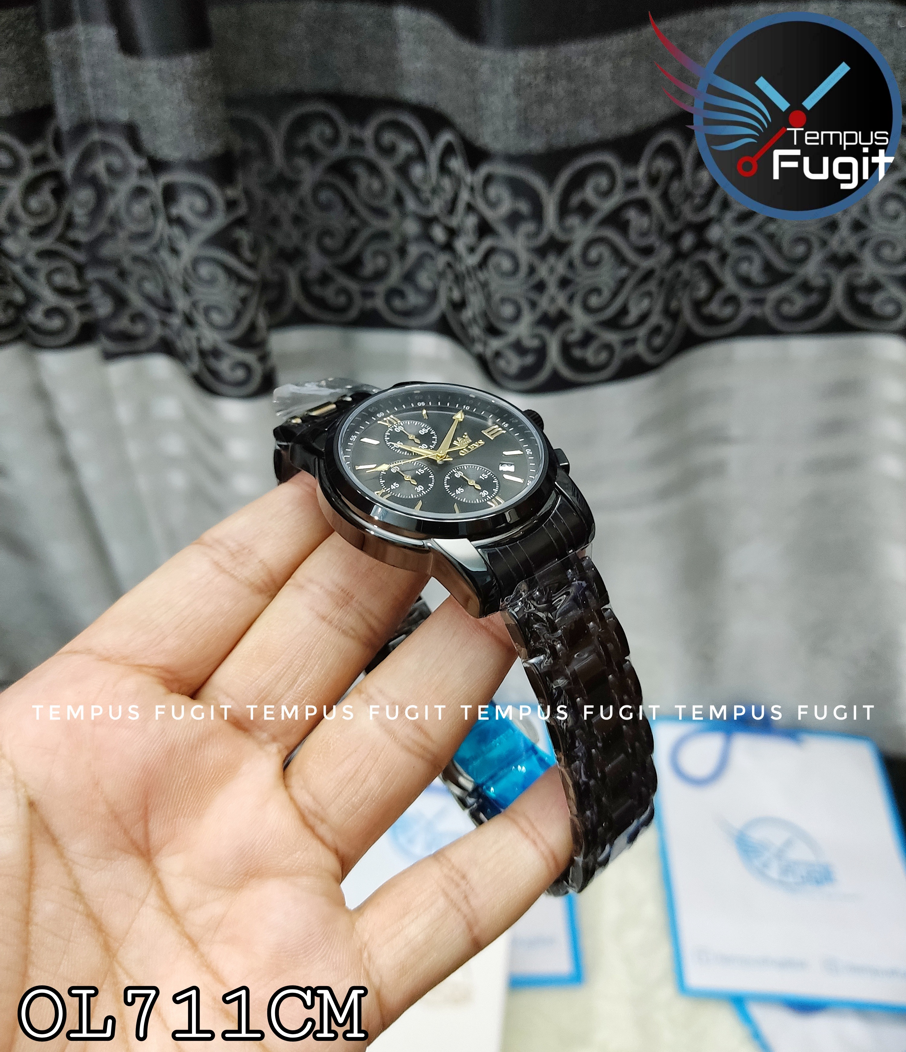 OLEVS 2872 Gents Chronograph Chain Watch- Black Dial with Golden Markings- Black Bezel- Black Chain- TF Code OL711CM_img_3