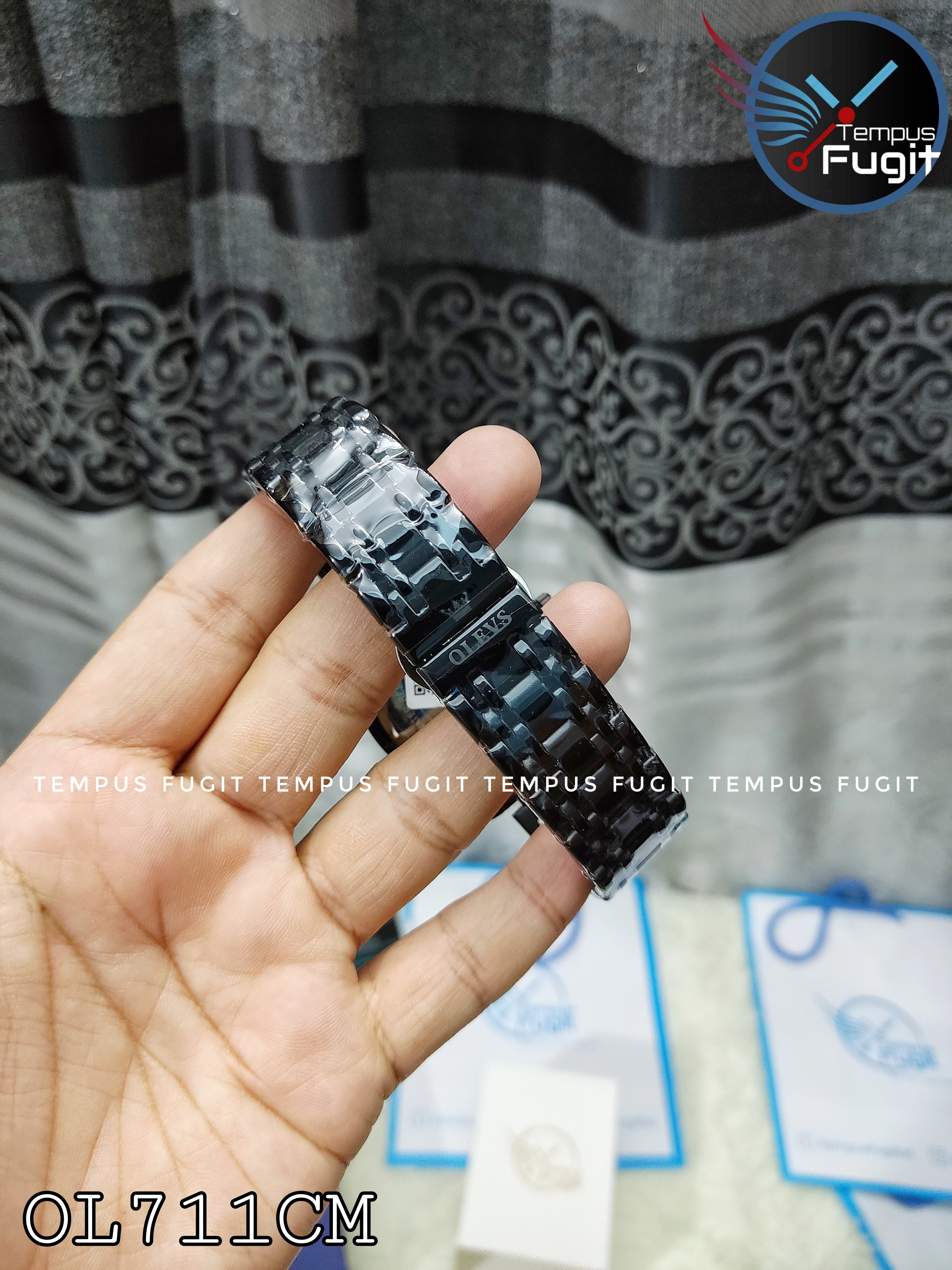 OLEVS 2872 Gents Chronograph Chain Watch- Black Dial with Golden Markings- Black Bezel- Black Chain- TF Code OL711CM_img_4