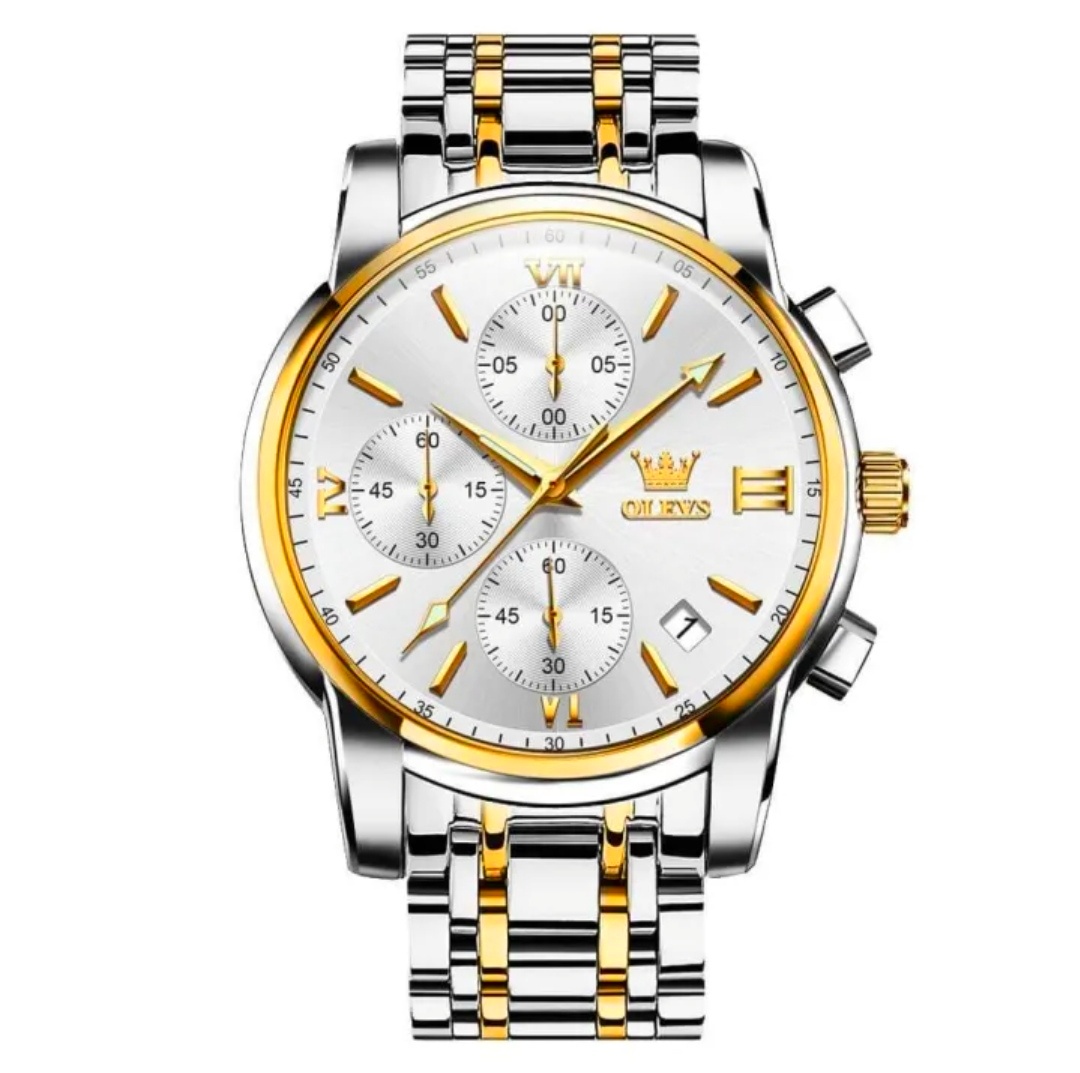 OLEVS 2872 Gents Chronograph Chain Watch- Silver Dial - Rose Golden Bezel- Silver+Rose Golden Chain- TF Code OL710CM_img_0