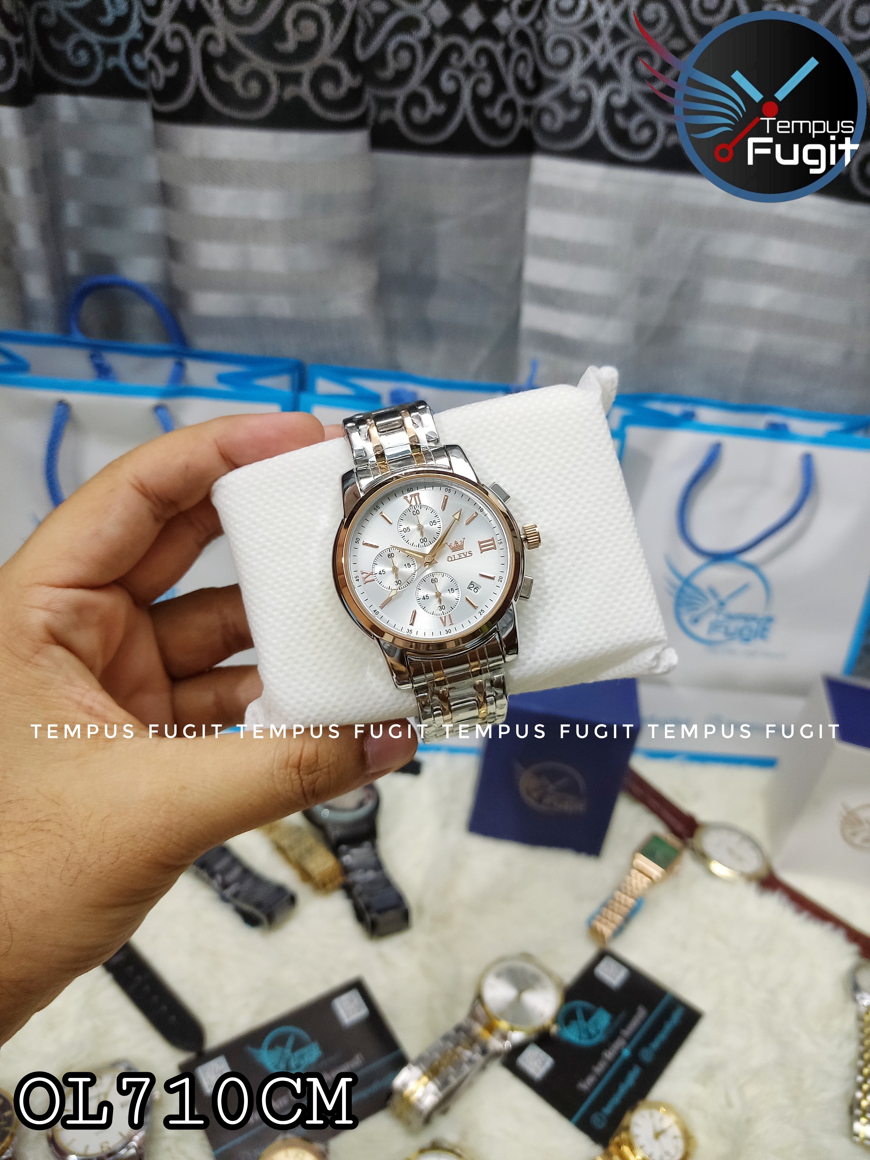 OLEVS 2872 Gents Chronograph Chain Watch- Silver Dial - Rose Golden Bezel- Silver+Rose Golden Chain- TF Code OL710CM_img_2