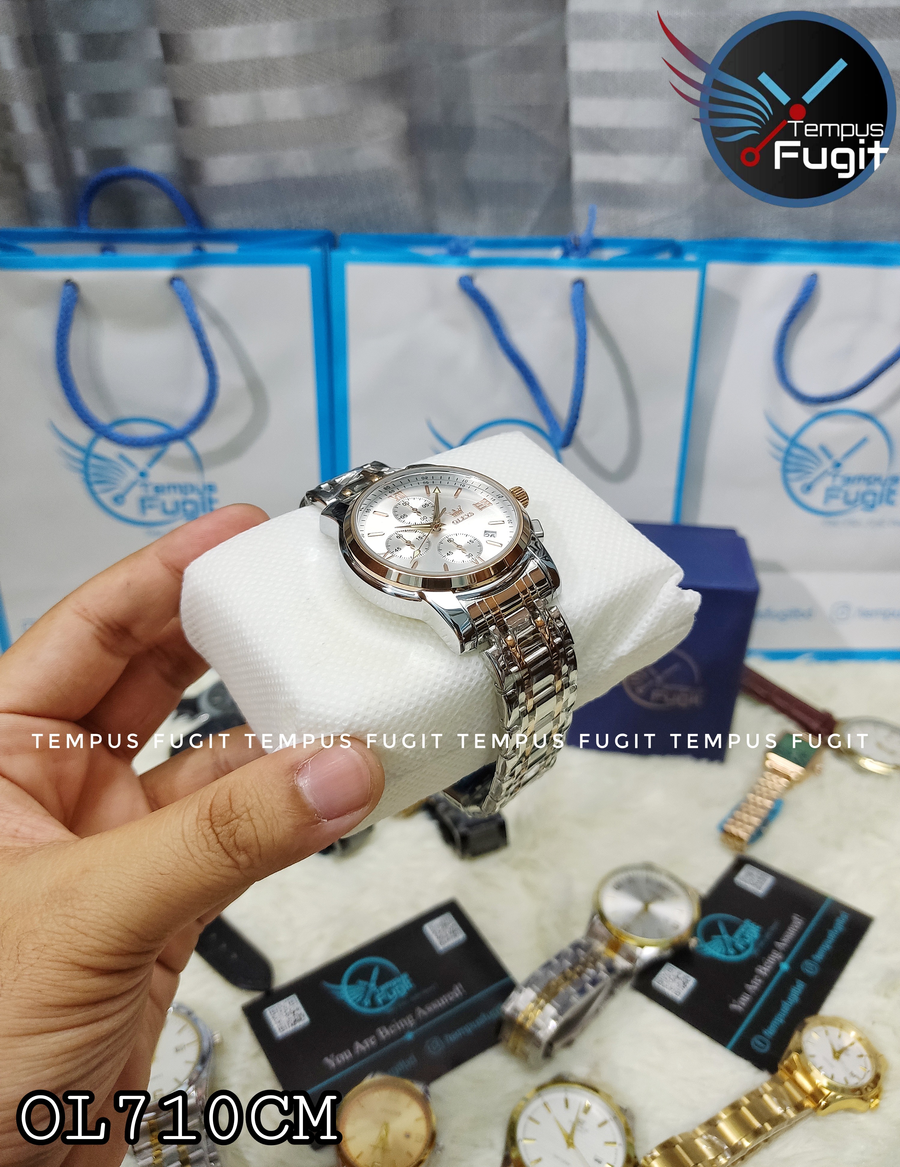 OLEVS 2872 Gents Chronograph Chain Watch- Silver Dial - Rose Golden Bezel- Silver+Rose Golden Chain- TF Code OL710CM_img_3