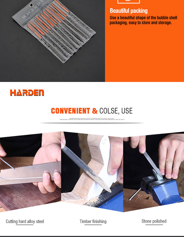 HARDEN 10pcs Needle Files Set ( 4x160mm), Professional tools, (Hand, Half Round, Square, Tri Square &  Round); 610622_img_6