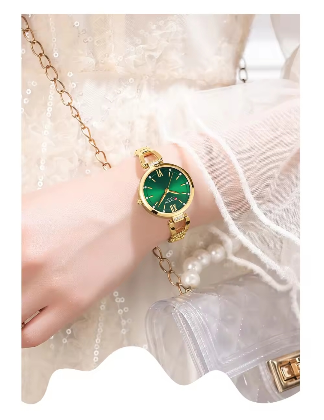 Curren 9092 Ladies Chain Watch- Green Dial- Golden Bezel- Golden Chain- TF Code CR895CF_img_3