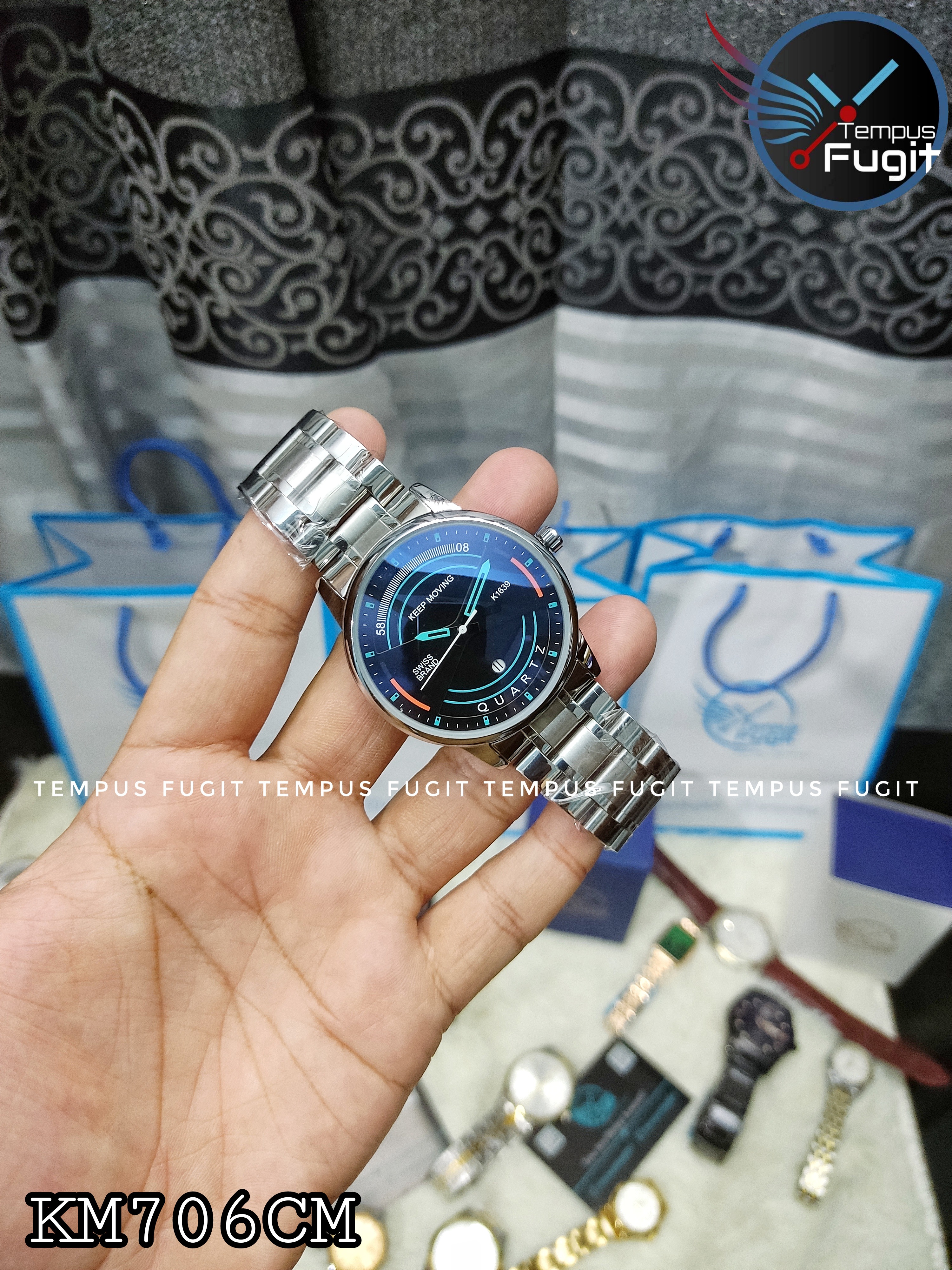 Keep Moving 1639 Gents Chain Watch- Black+Paste Dial- Silver Bezel- Silver Chain- TF Code KM706CM_img_0