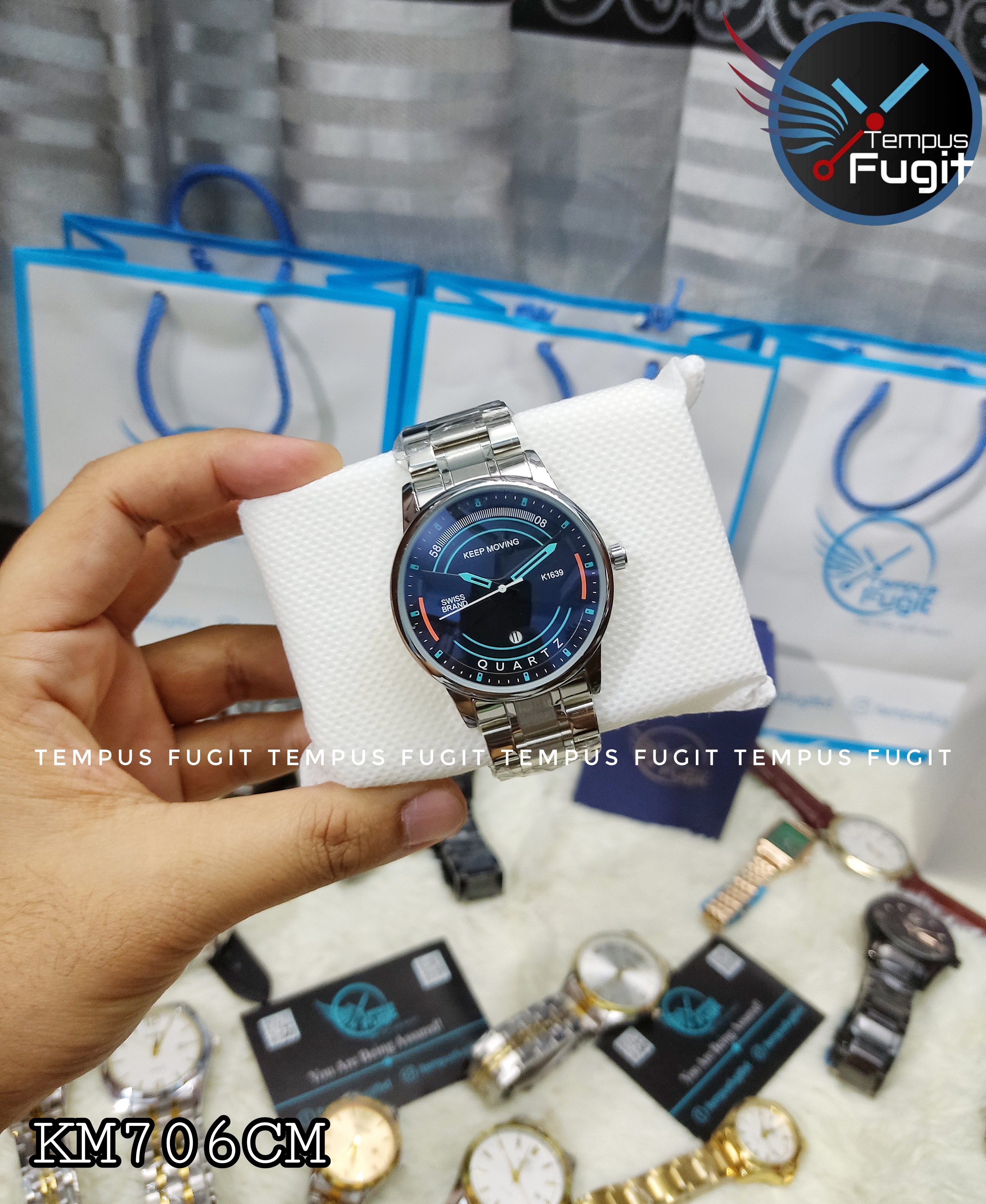 Keep Moving 1639 Gents Chain Watch- Black+Paste Dial- Silver Bezel- Silver Chain- TF Code KM706CM_img_1