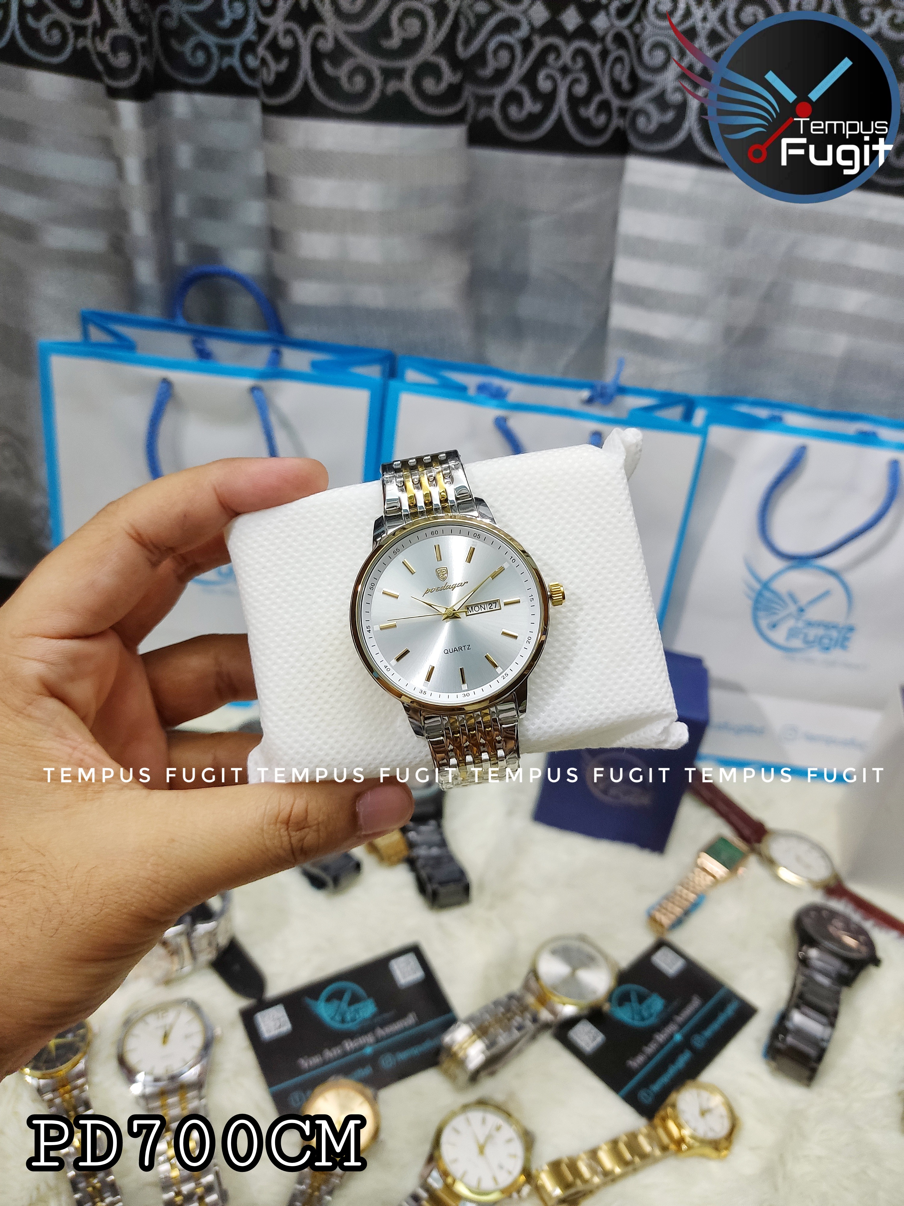 Poedagar 832 Gents Chain Watch- Silver Dial- Golden Bezel- Silver+Golden Chain- TF Code PD700CM_img_3