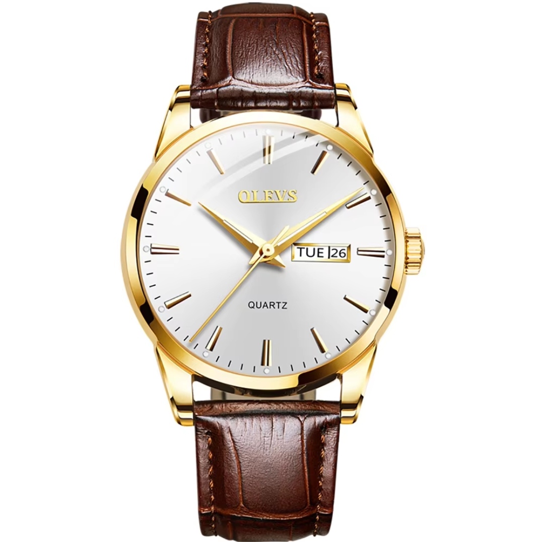 OLEVS 6898 Copy Gents Belt Watch- Silver Dial- Golden Bezel- Leather Color Belt- TF Code OL754BM_img_0
