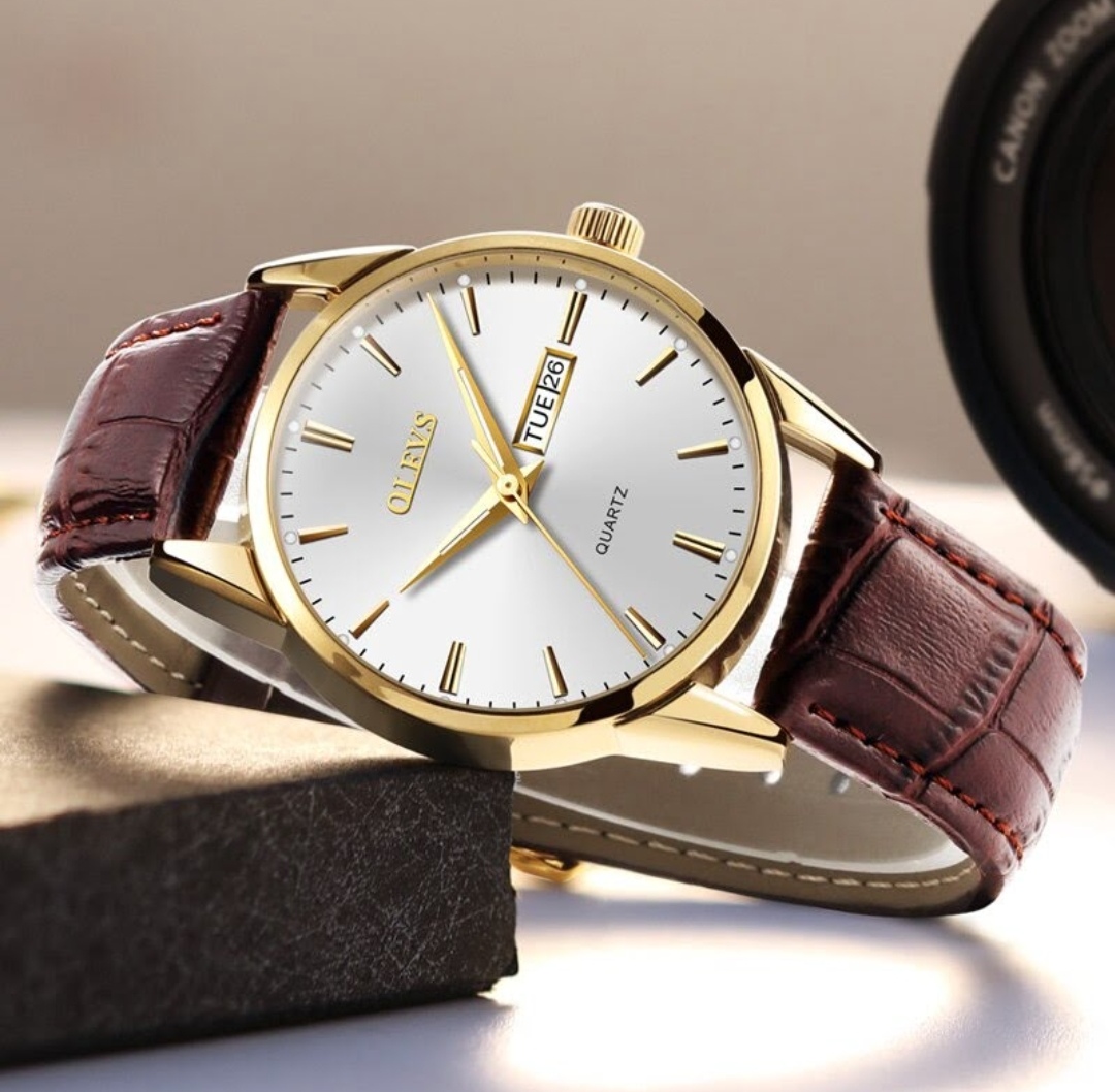OLEVS 6898 Copy Gents Belt Watch- Silver Dial- Golden Bezel- Leather Color Belt- TF Code OL754BM_img_1