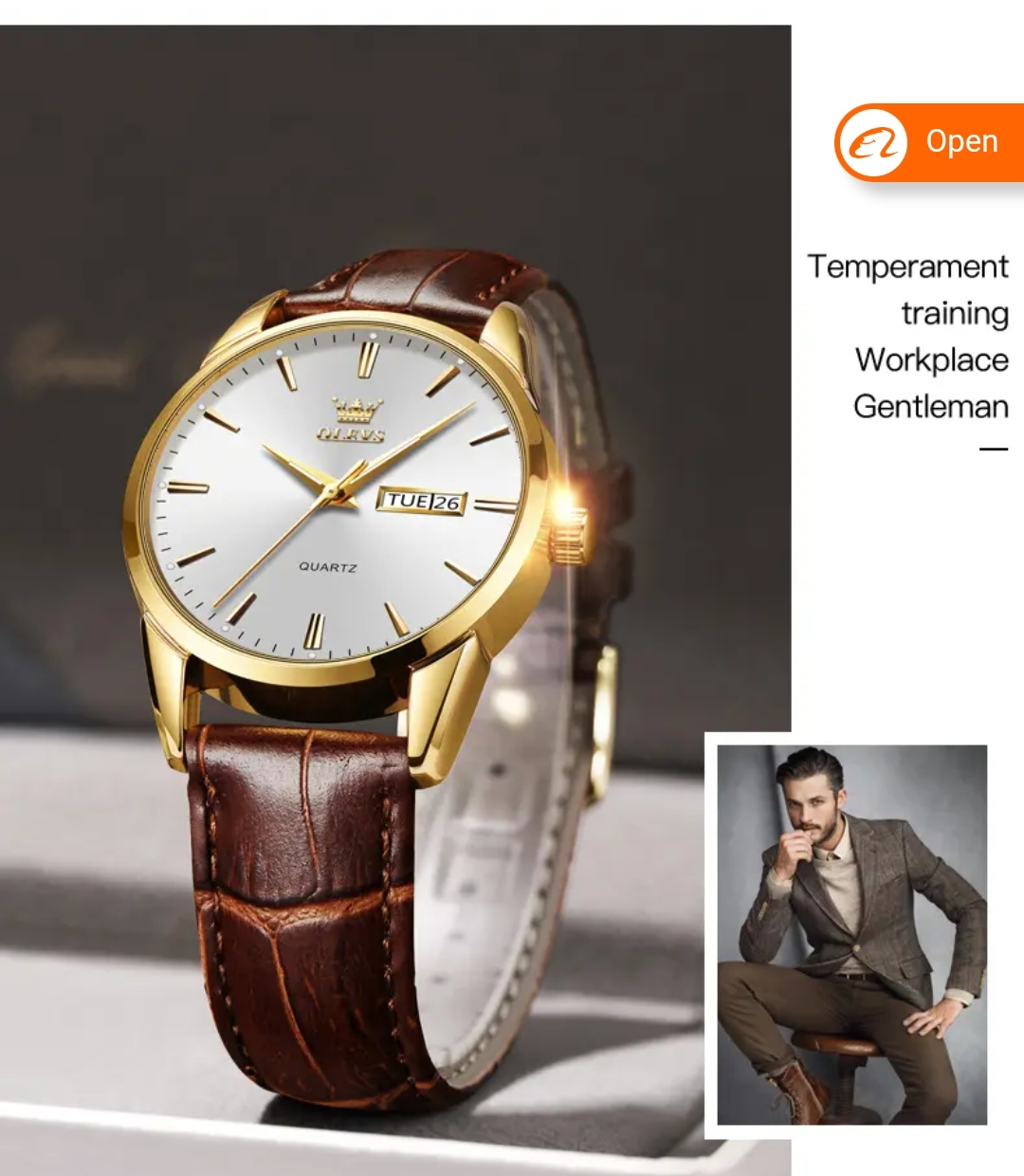 OLEVS 6898 Copy Gents Belt Watch- Silver Dial- Golden Bezel- Leather Color Belt- TF Code OL754BM_img_2