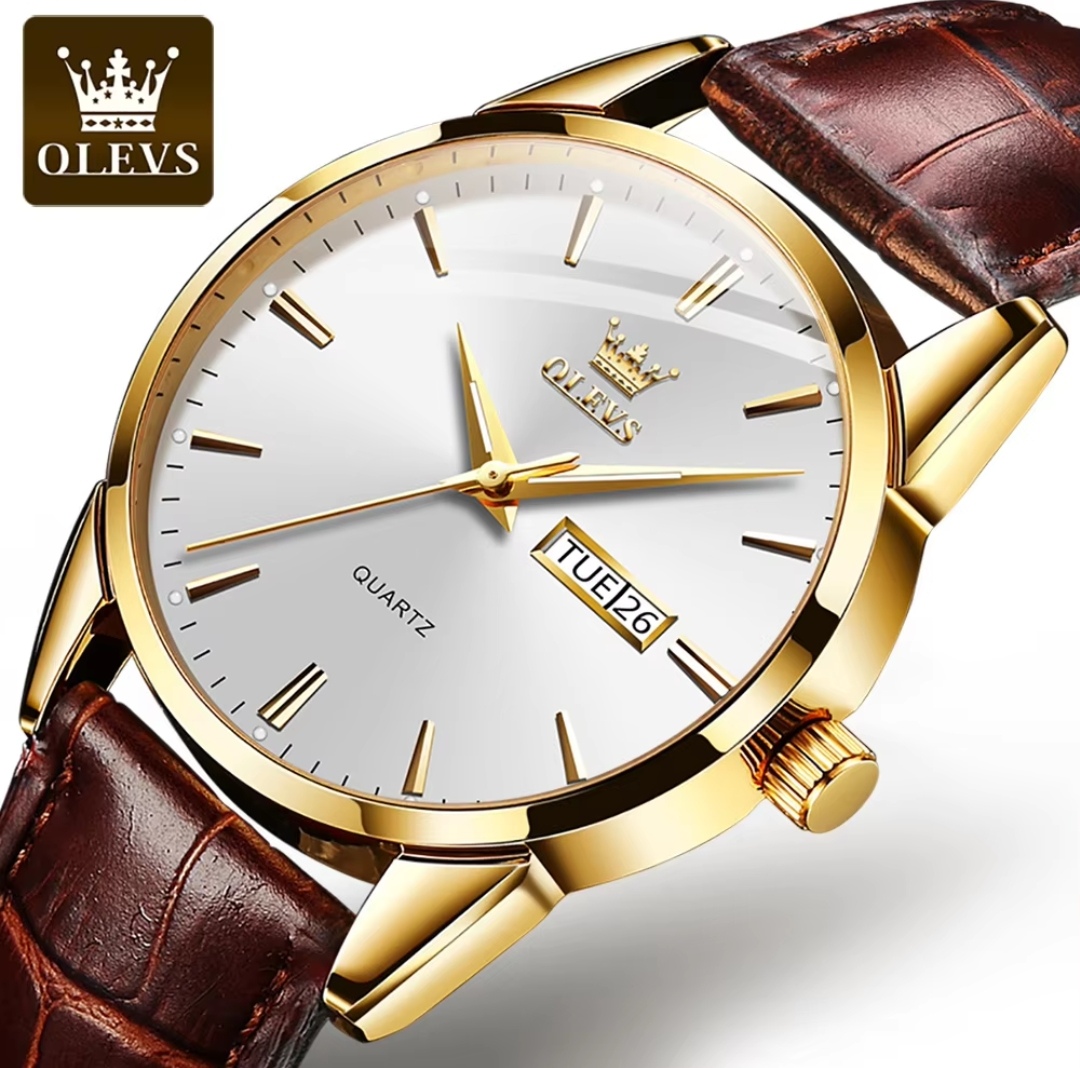OLEVS 6898 Copy Gents Belt Watch- Silver Dial- Golden Bezel- Leather Color Belt- TF Code OL754BM_img_3