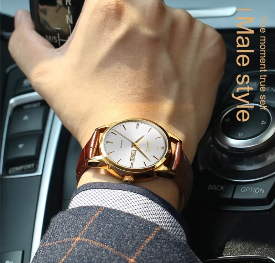 OLEVS 6898 Copy Gents Belt Watch- Silver Dial- Golden Bezel- Leather Color Belt- TF Code OL754BM_img_4