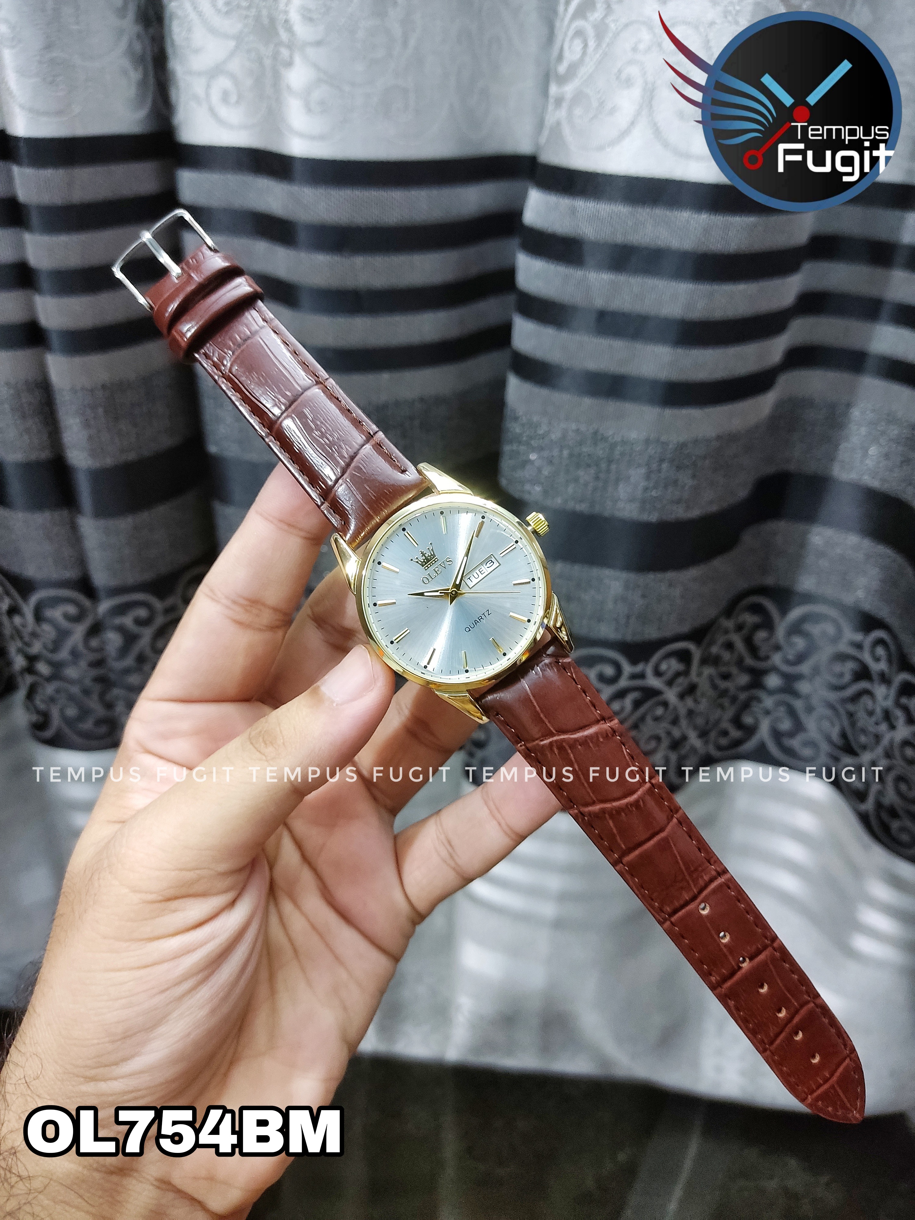 OLEVS 6898 Copy Gents Belt Watch- Silver Dial- Golden Bezel- Leather Color Belt- TF Code OL754BM_img_5