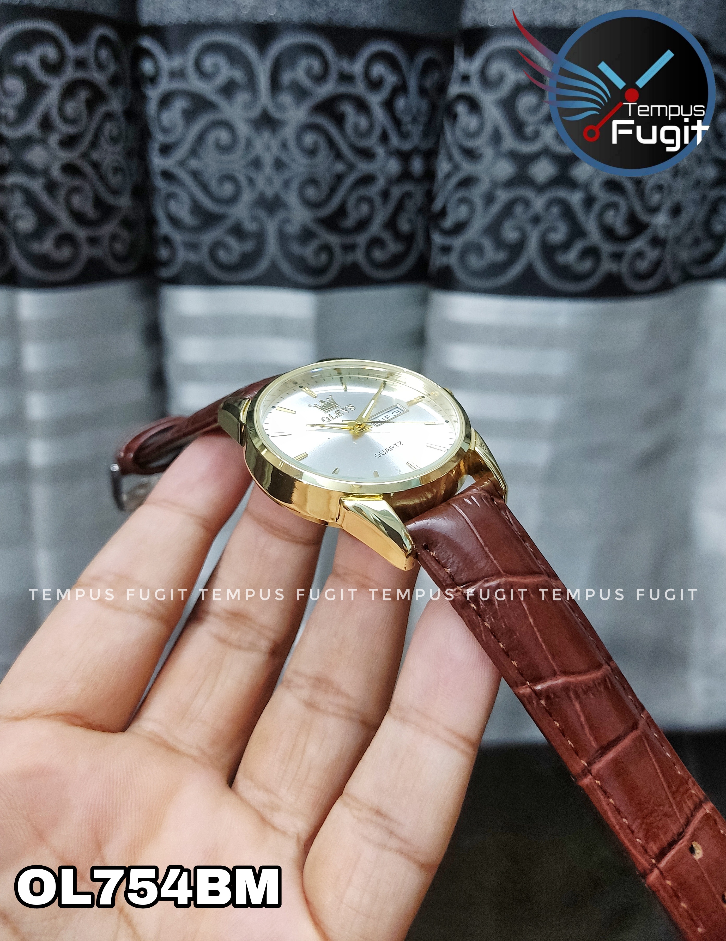 OLEVS 6898 Copy Gents Belt Watch- Silver Dial- Golden Bezel- Leather Color Belt- TF Code OL754BM_img_6