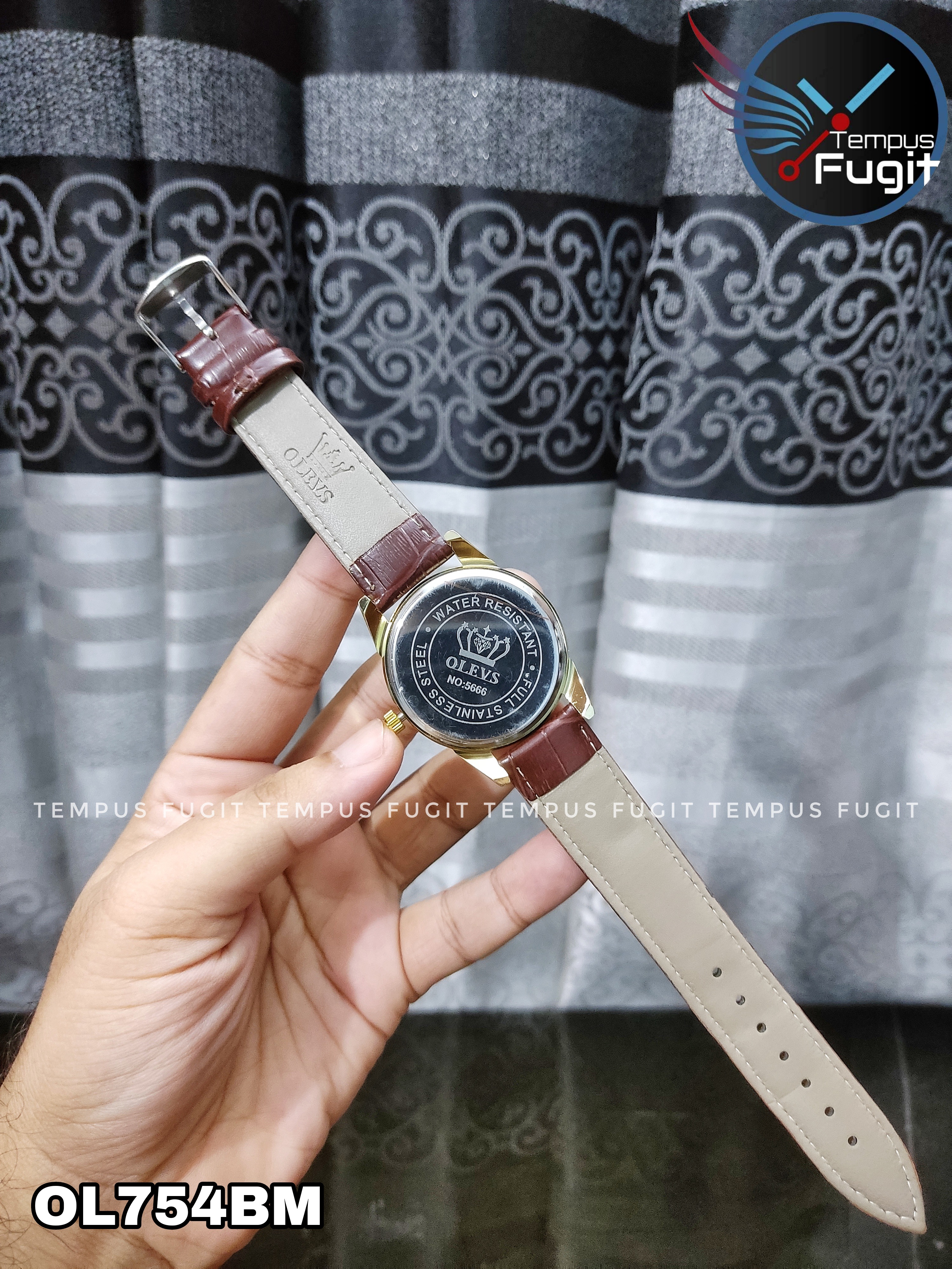 OLEVS 6898 Copy Gents Belt Watch- Silver Dial- Golden Bezel- Leather Color Belt- TF Code OL754BM_img_7