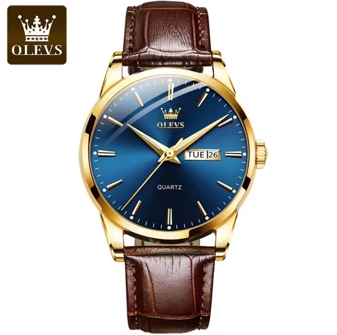 OLEVS 6898 Copy Gents Belt Watch- Blue Dial- Golden Bezel- Leather Color Belt- TF Code OL755BM_img_0