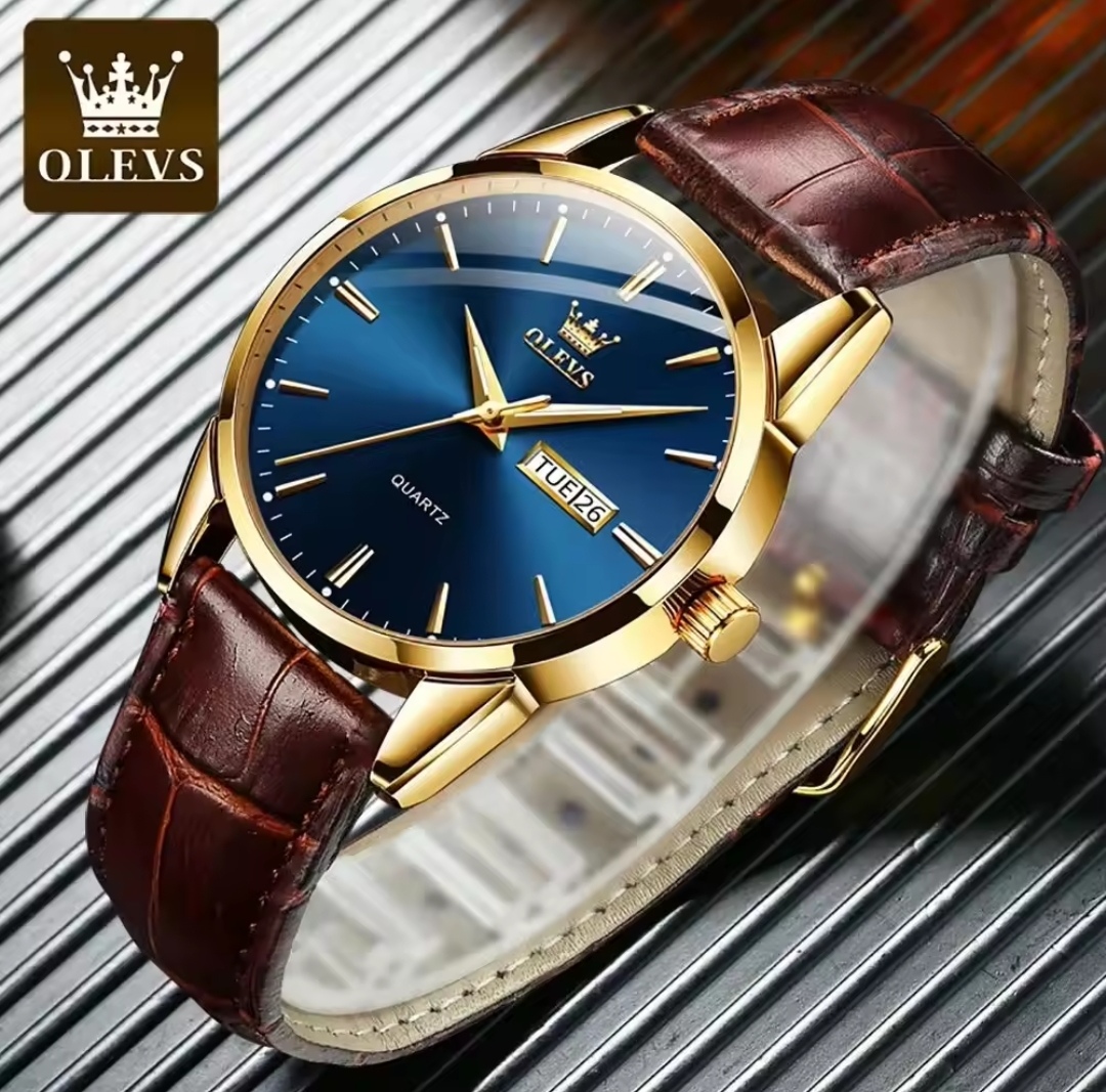 OLEVS 6898 Copy Gents Belt Watch- Blue Dial- Golden Bezel- Leather Color Belt- TF Code OL755BM_img_1