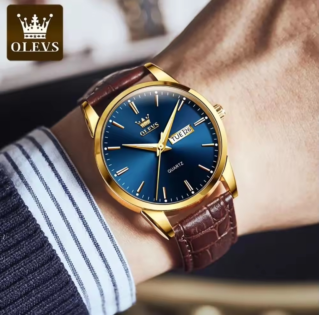 OLEVS 6898 Copy Gents Belt Watch- Blue Dial- Golden Bezel- Leather Color Belt- TF Code OL755BM_img_2