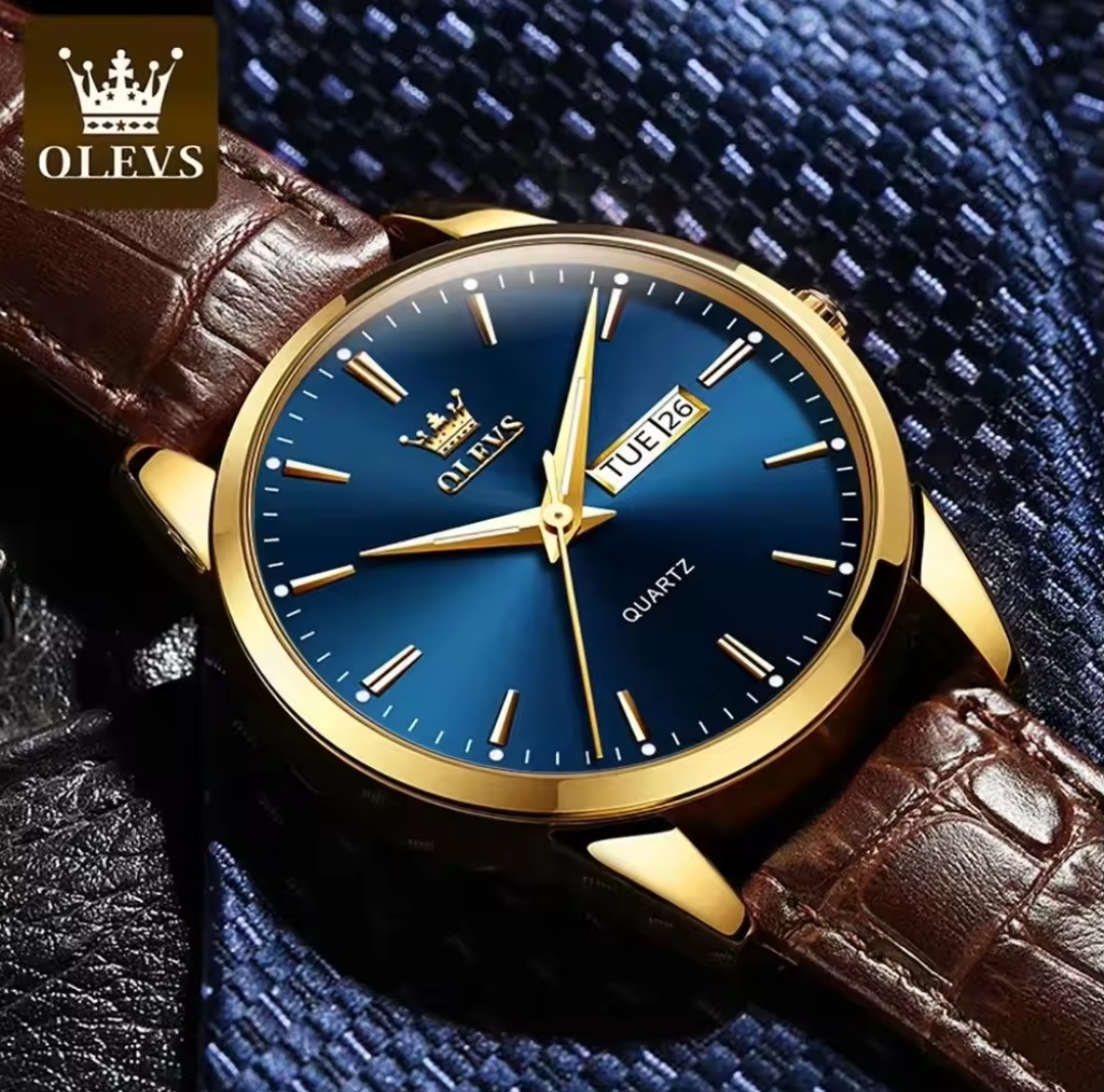OLEVS 6898 Copy Gents Belt Watch- Blue Dial- Golden Bezel- Leather Color Belt- TF Code OL755BM_img_3