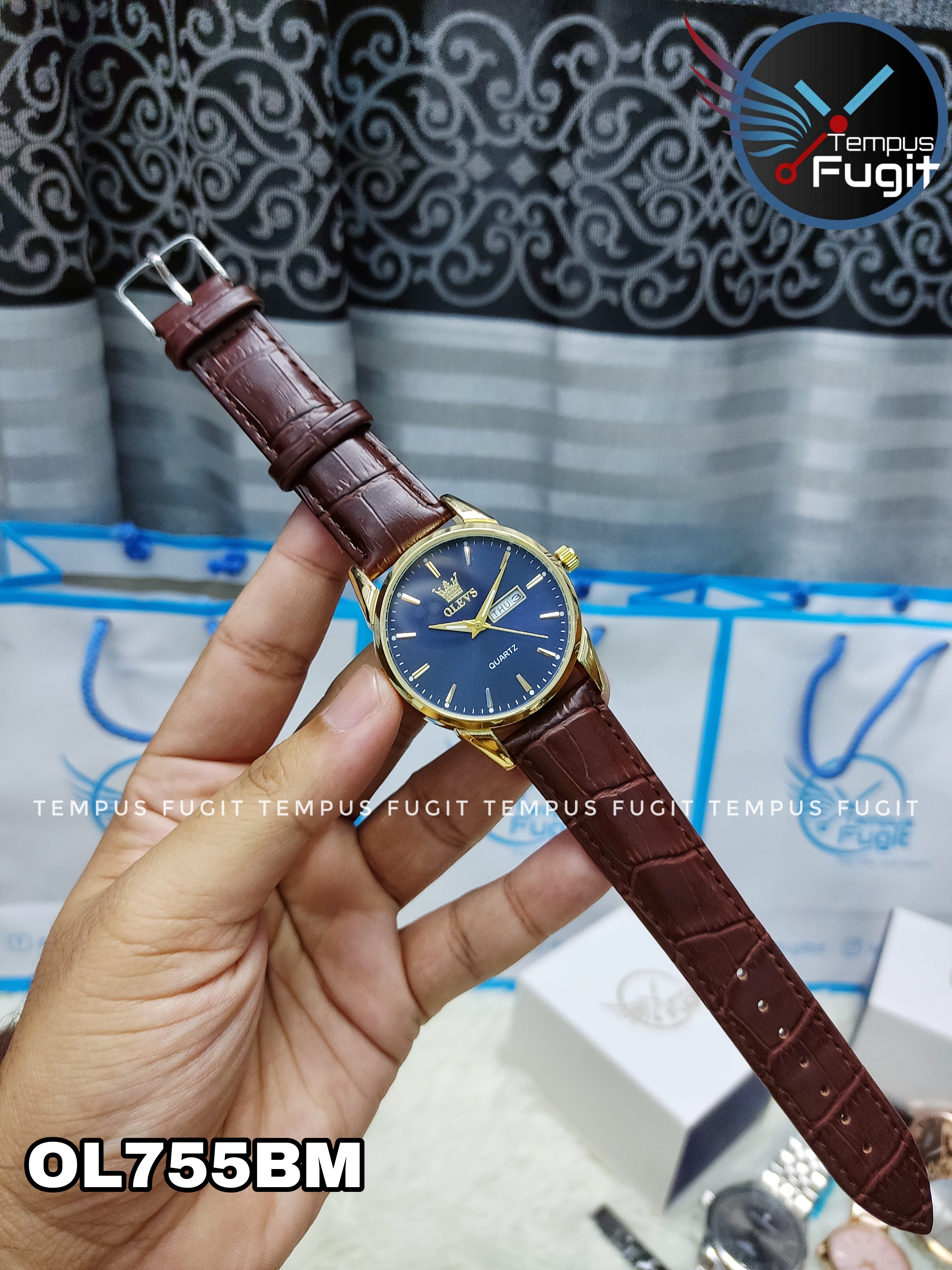 OLEVS 6898 Copy Gents Belt Watch- Blue Dial- Golden Bezel- Leather Color Belt- TF Code OL755BM_img_4