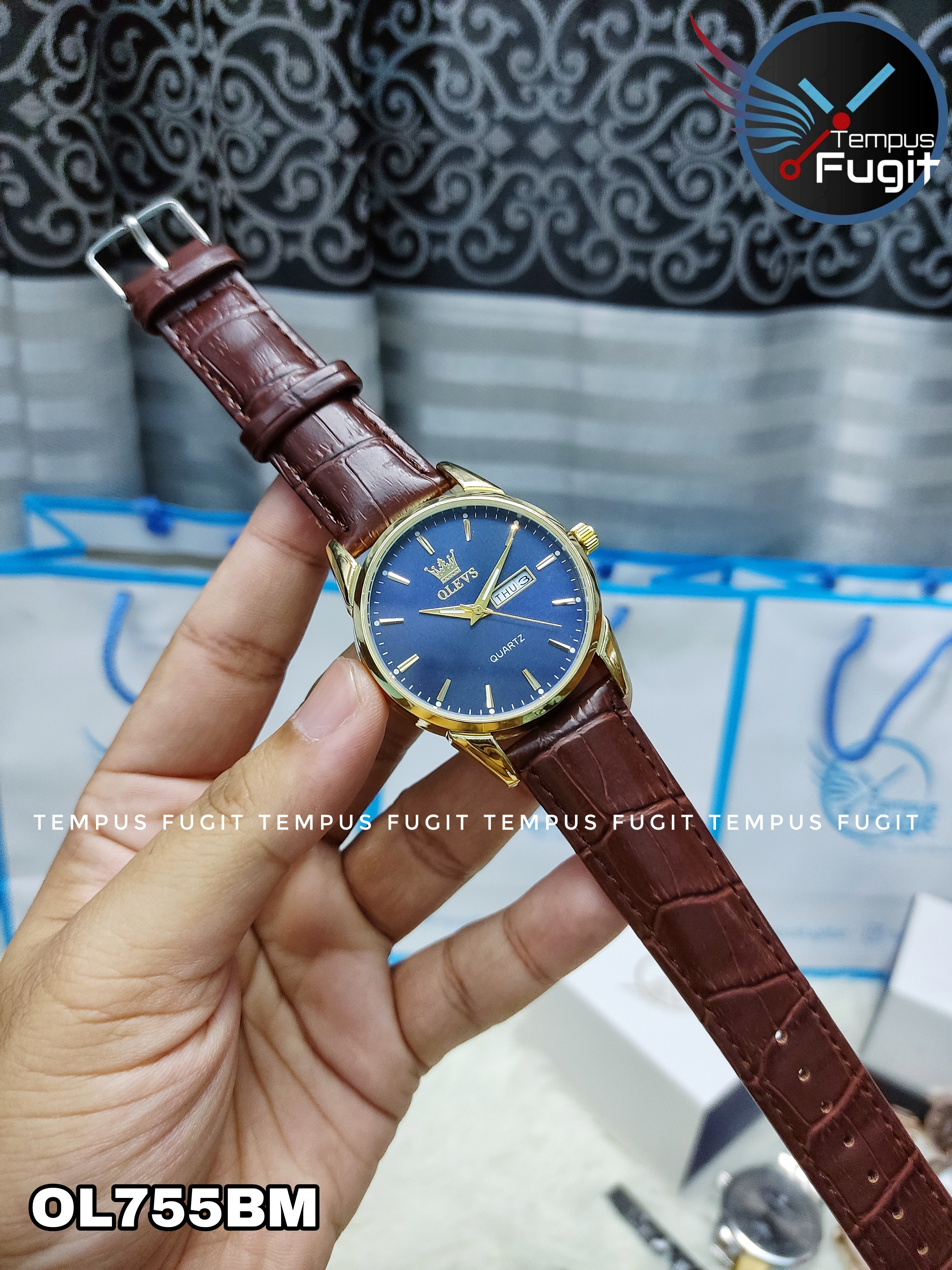 OLEVS 6898 Copy Gents Belt Watch- Blue Dial- Golden Bezel- Leather Color Belt- TF Code OL755BM_img_5