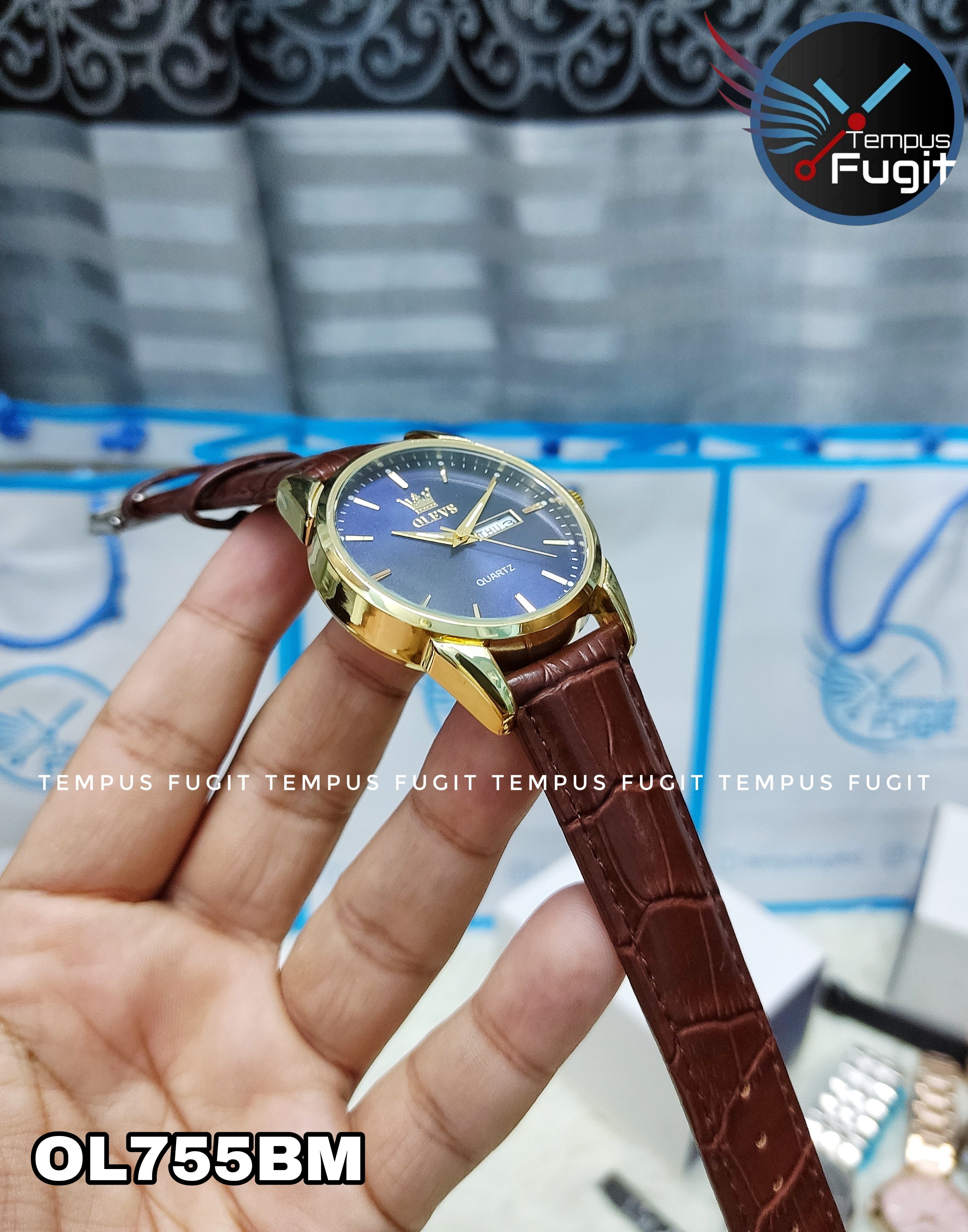 OLEVS 6898 Copy Gents Belt Watch- Blue Dial- Golden Bezel- Leather Color Belt- TF Code OL755BM_img_6